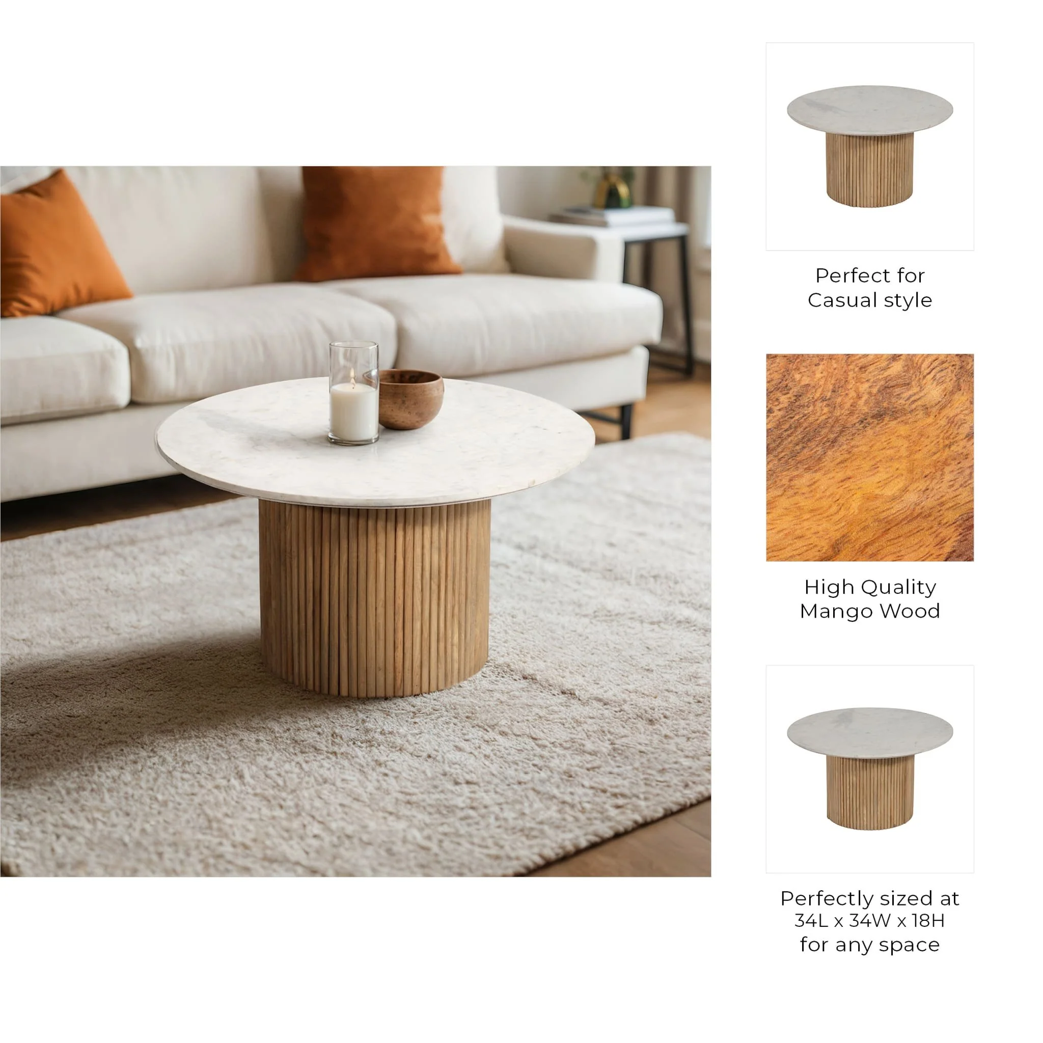Wood/marble, 34"d Reeded, Coffee Table,  Kd 2boxes - Image 8