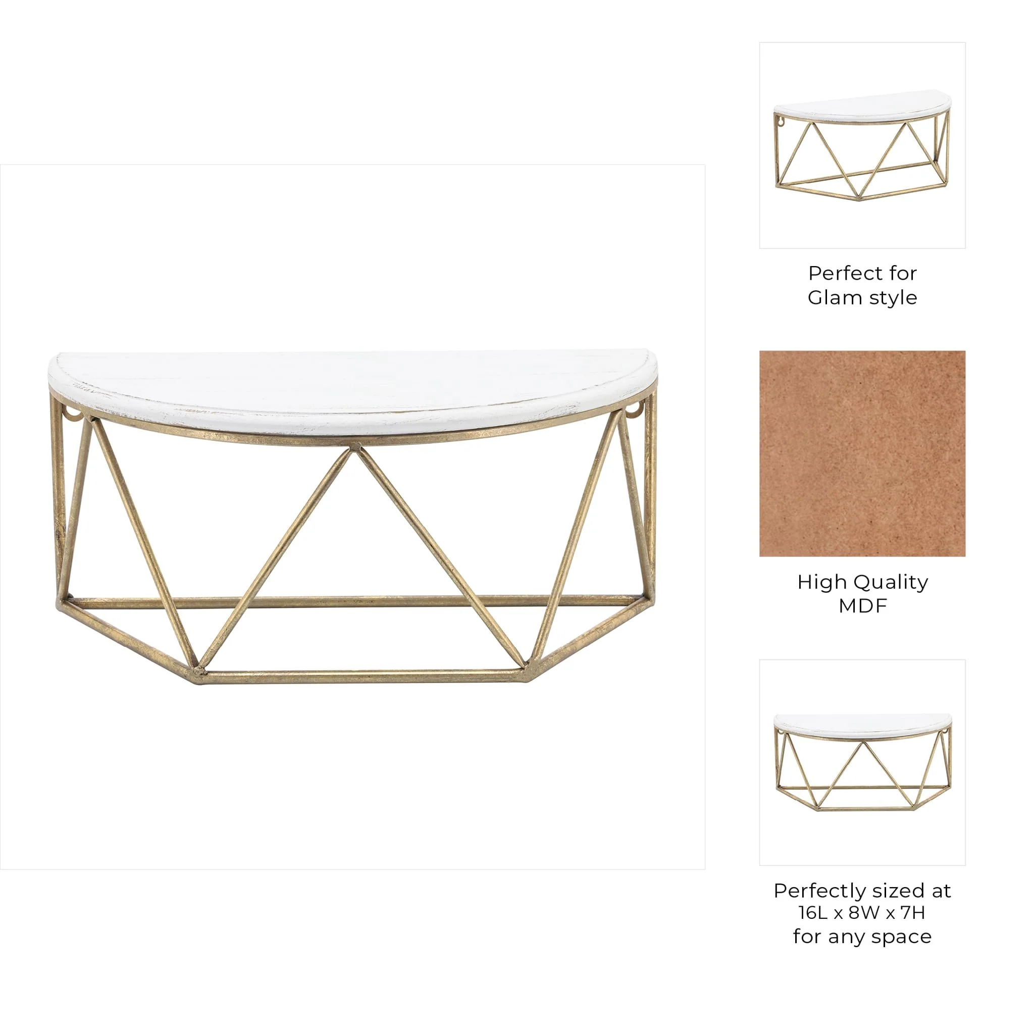 Wood / Metal 16" L Demilune Wall Shelf, White - Image 9