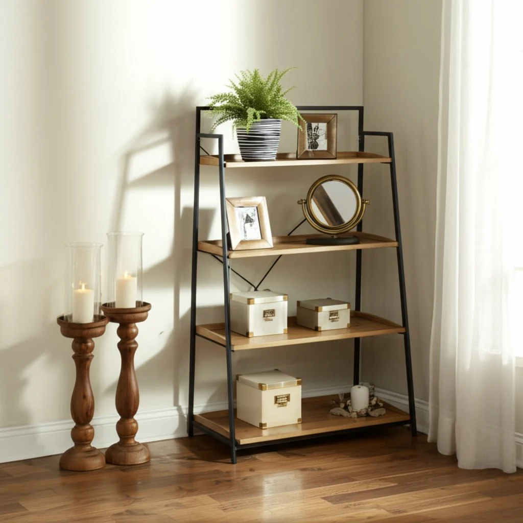 Wood/metal, 52"h Folding 4-layered Shelf, Brwn/blk - Image 9