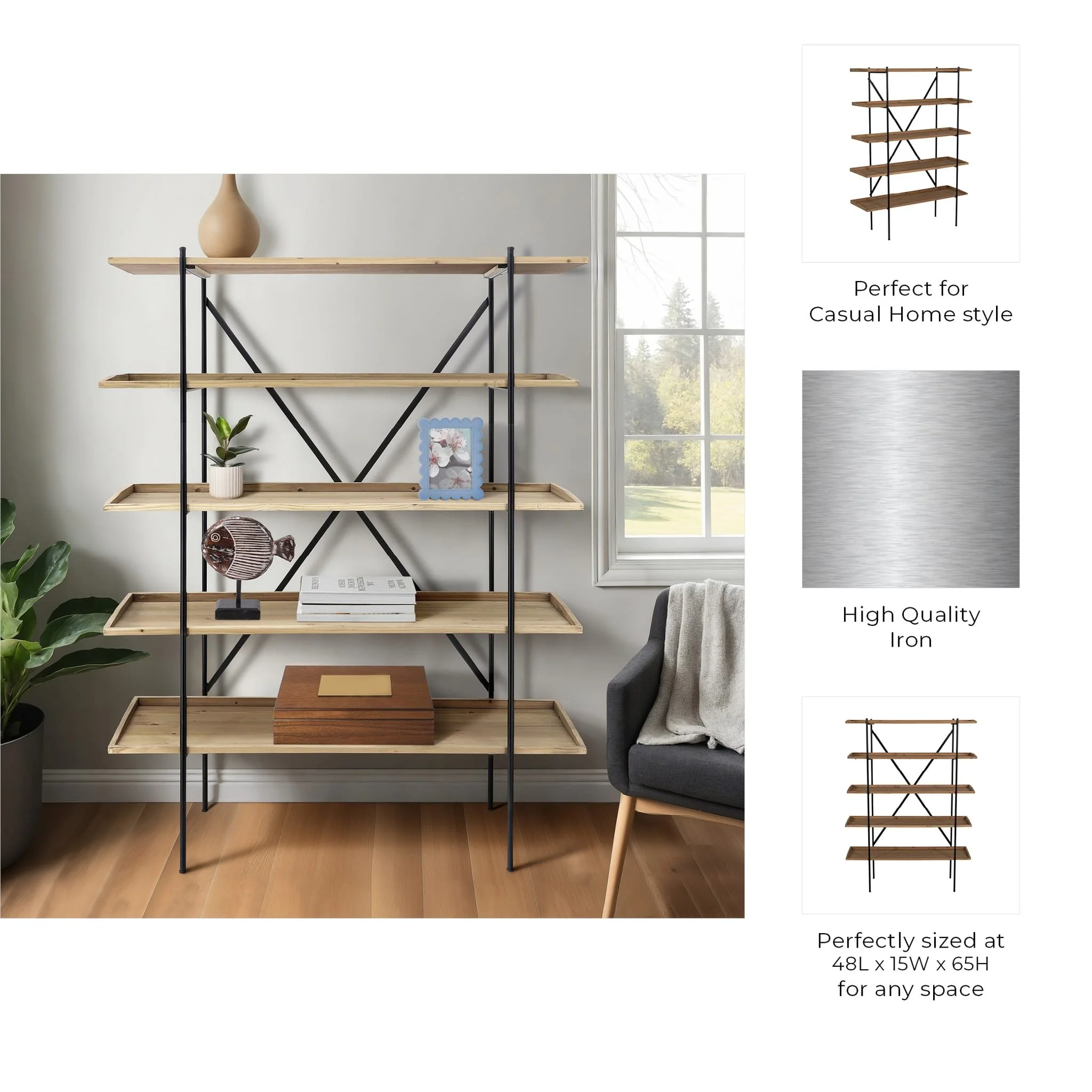 Wood/metal, 65"h 5-layered Shelf, Brown/black Kd - Image 9