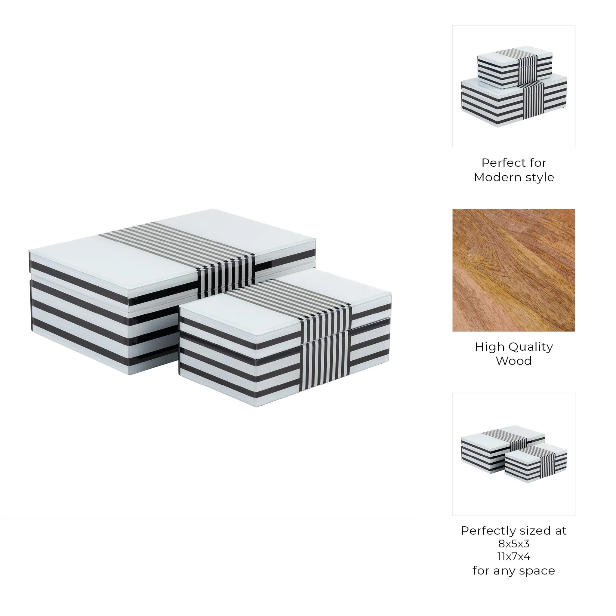 Wood, S/2 8/11" Striped Boxes, Black/white - Image 3