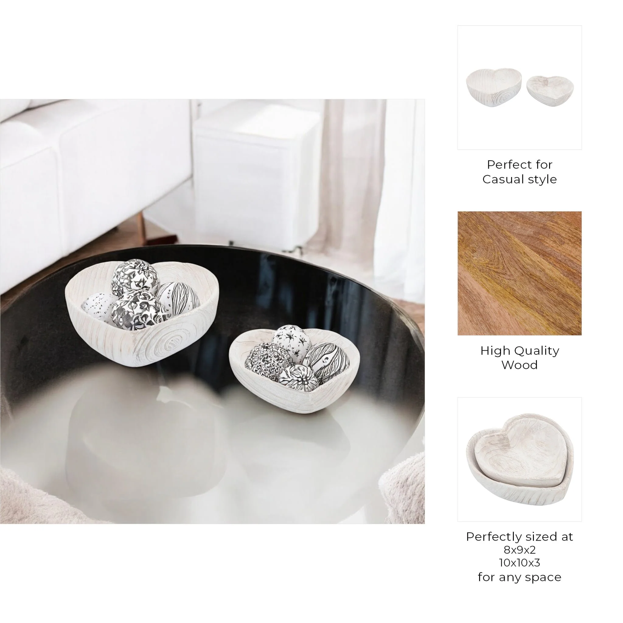Wood, S/2 9/10" Heart Bowls, White - Image 8
