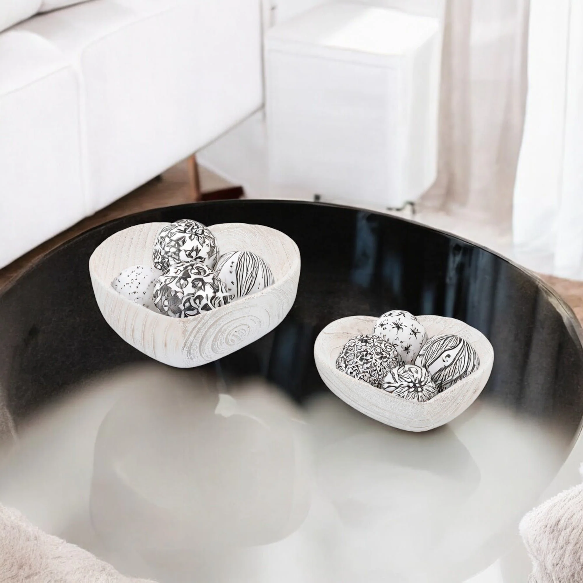 Wood, S/2 9/10" Heart Bowls, White - Image 9