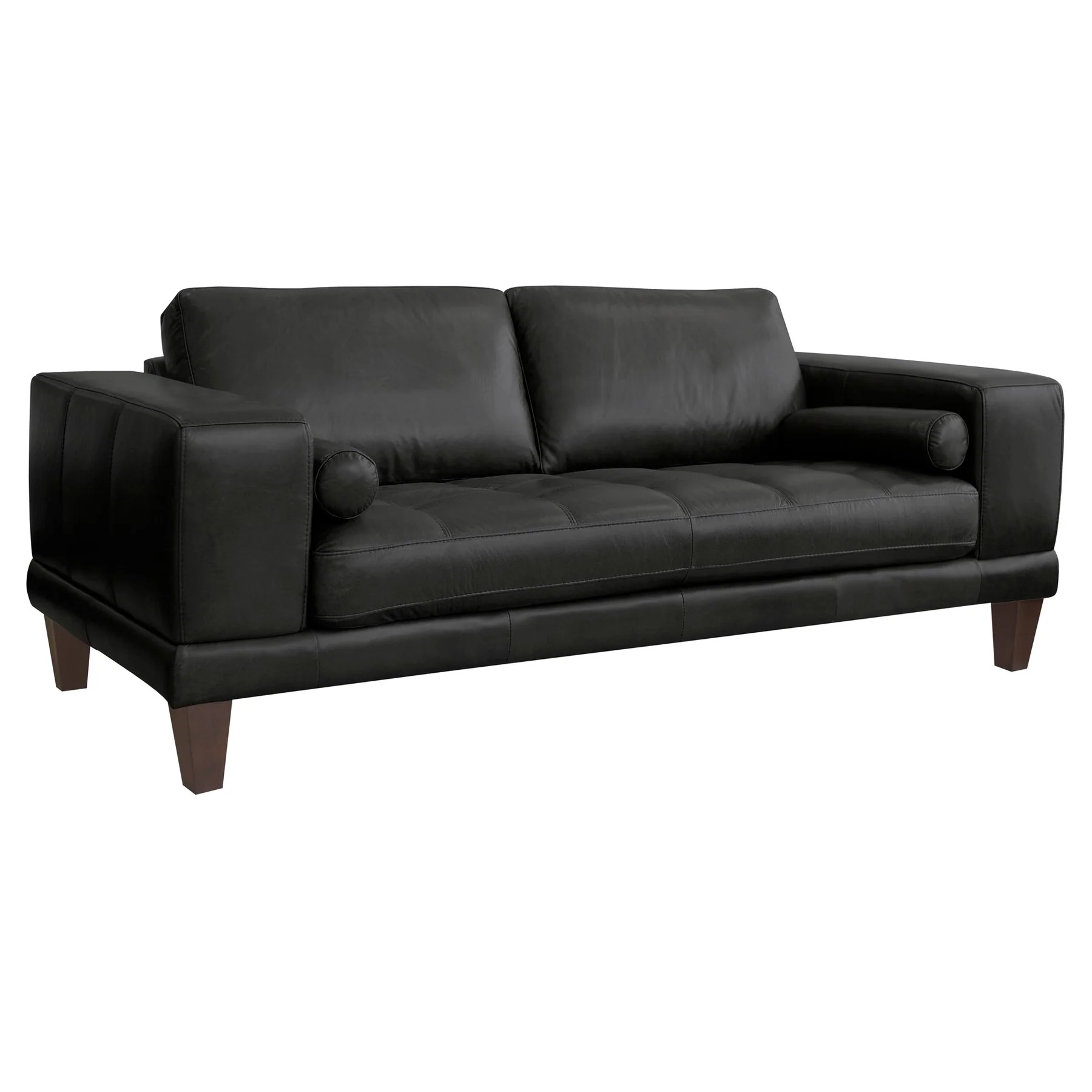 Wynne Contemporary Loveseat in Genuine Black Leather with Brown Wood Legs - Image 2