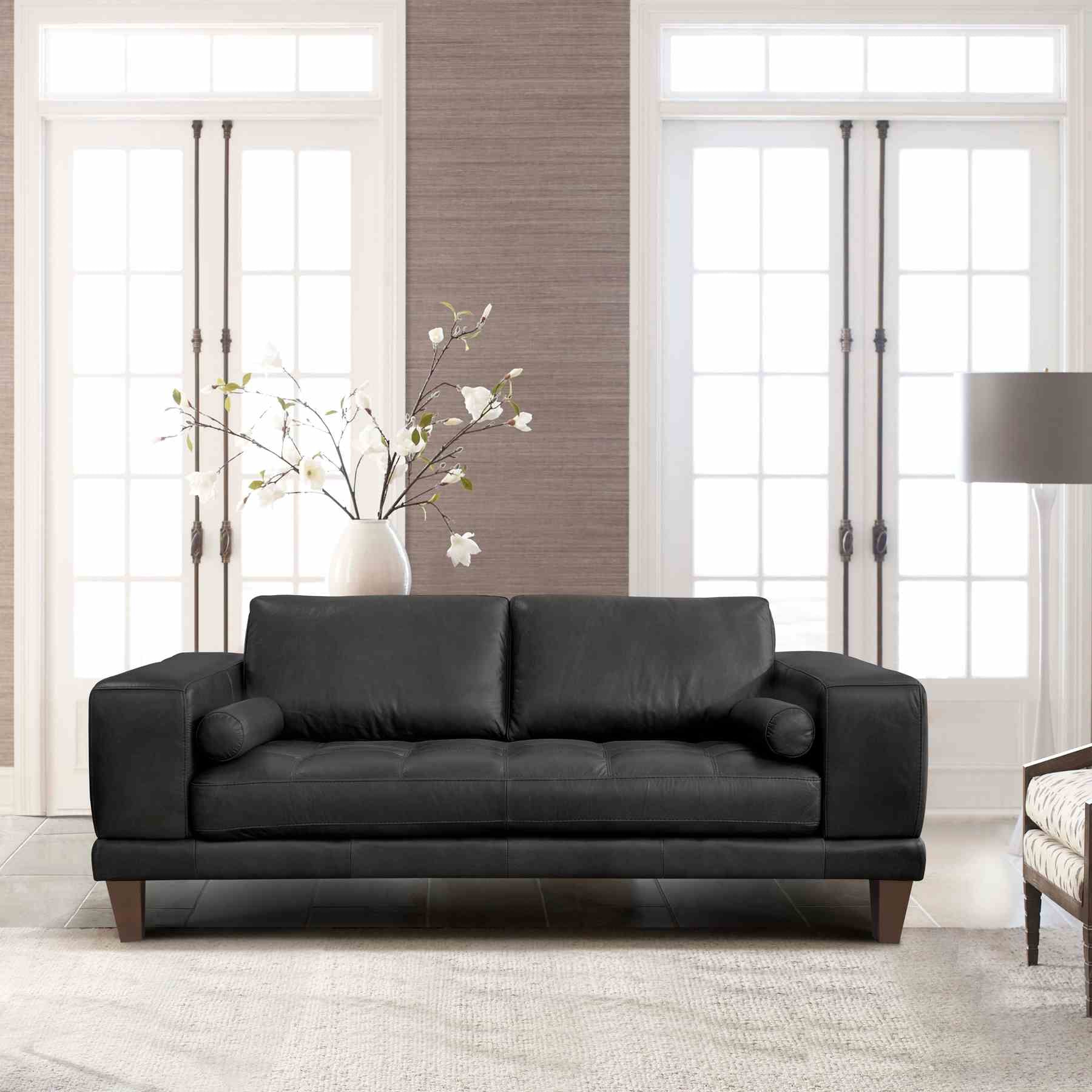 Wynne Contemporary Loveseat in Genuine Black Leather with Brown Wood Legs - Image 5