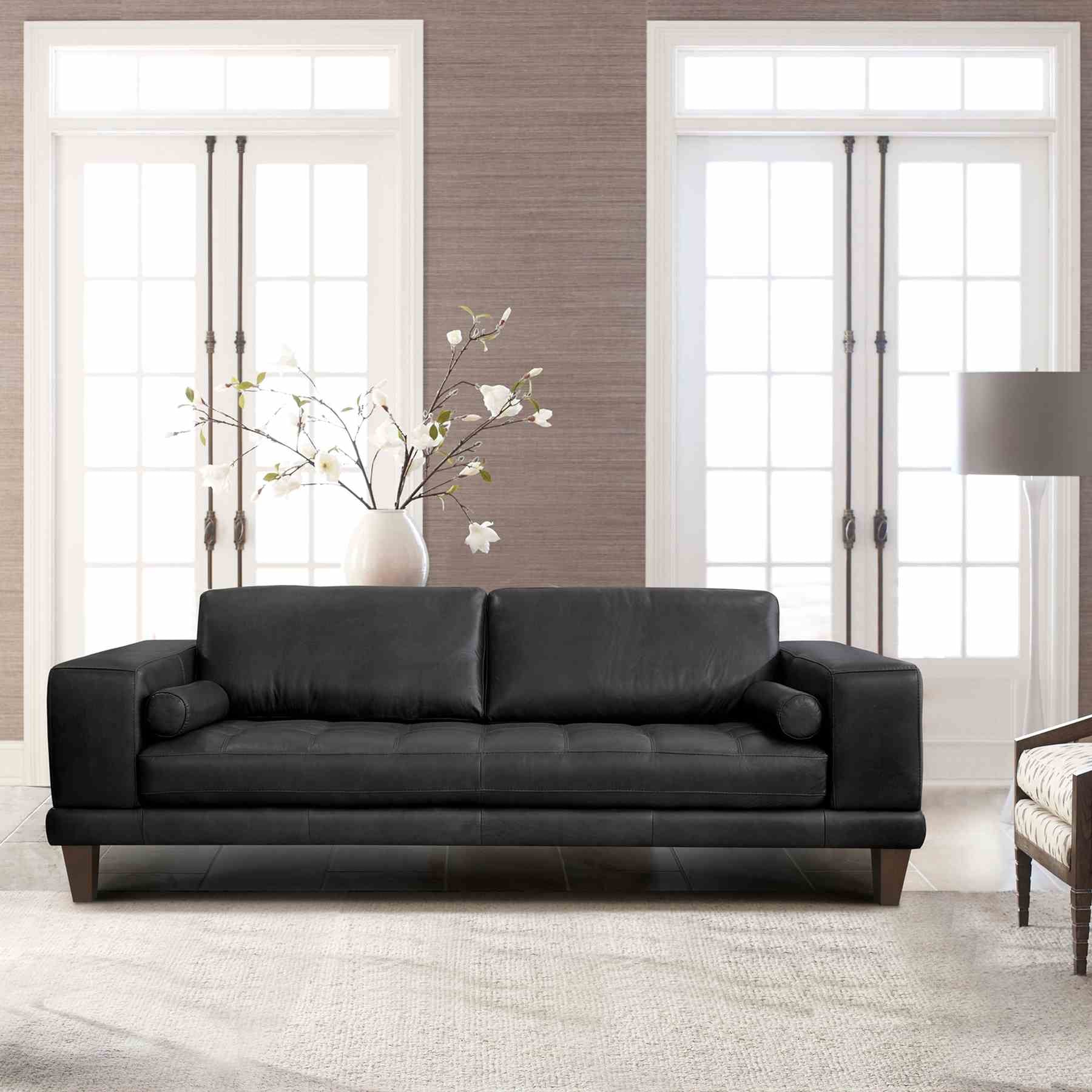 Wynne Contemporary Sofa in Genuine Black Leather with Brown Wood Legs - Image 5