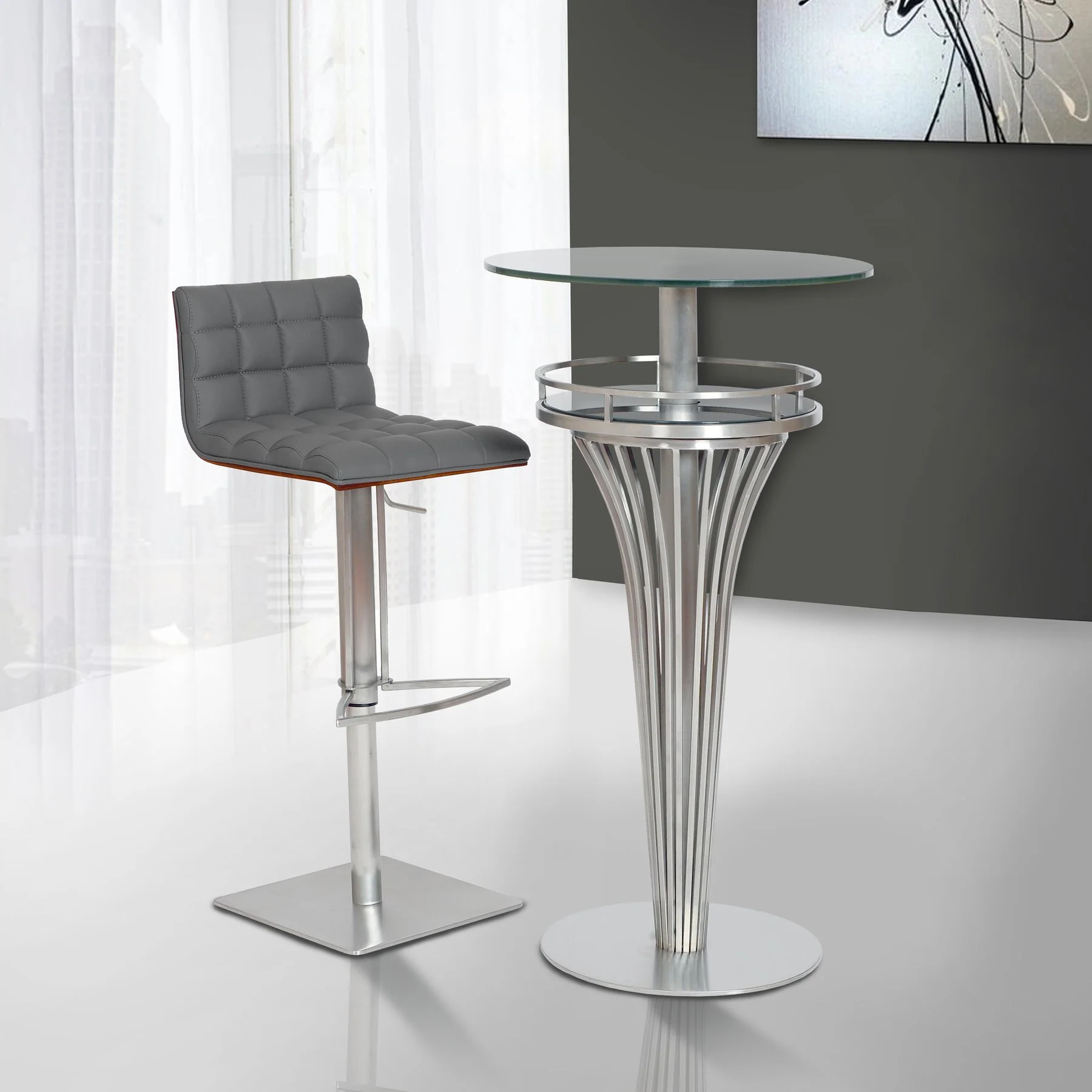 Yukon Contemporary Bar Table In Stainless Steel and Gray Frosted Glass - Image 3