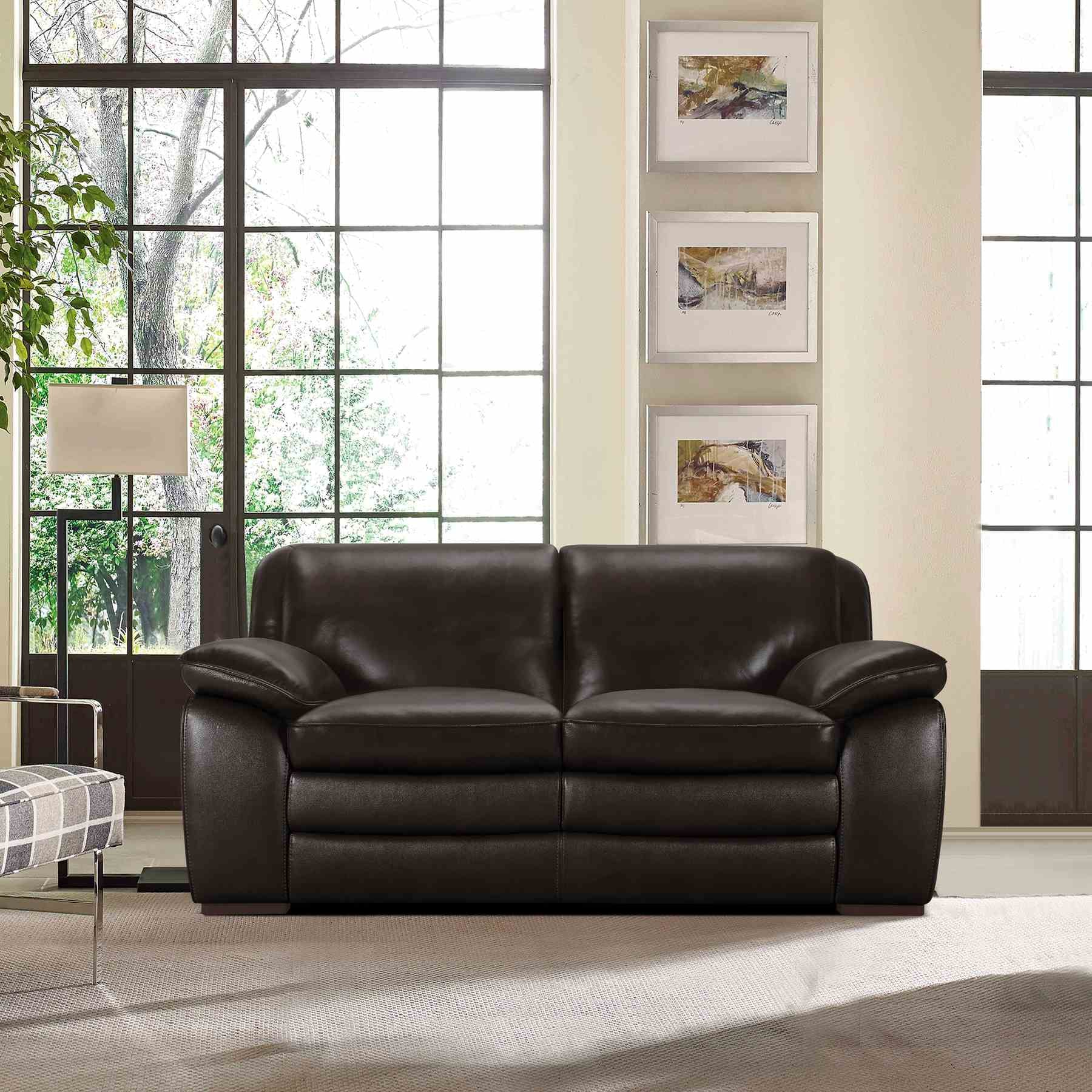 Zanna Contemporary Loveseat in Genuine Dark Brown Leather with Brown Wood Legs - Image 5