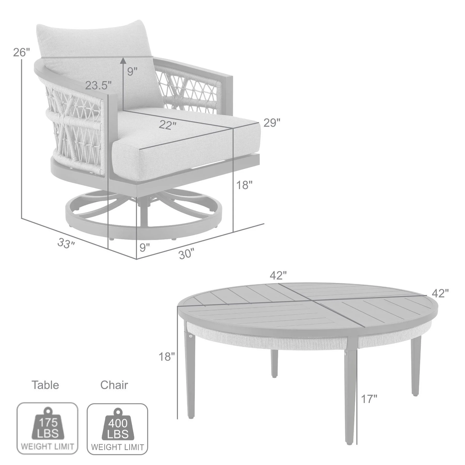 Zella Outdoor Patio 3 Piece Swivel Seating Set in Aluminum with Light Gray Rope and Cushions - Image 11