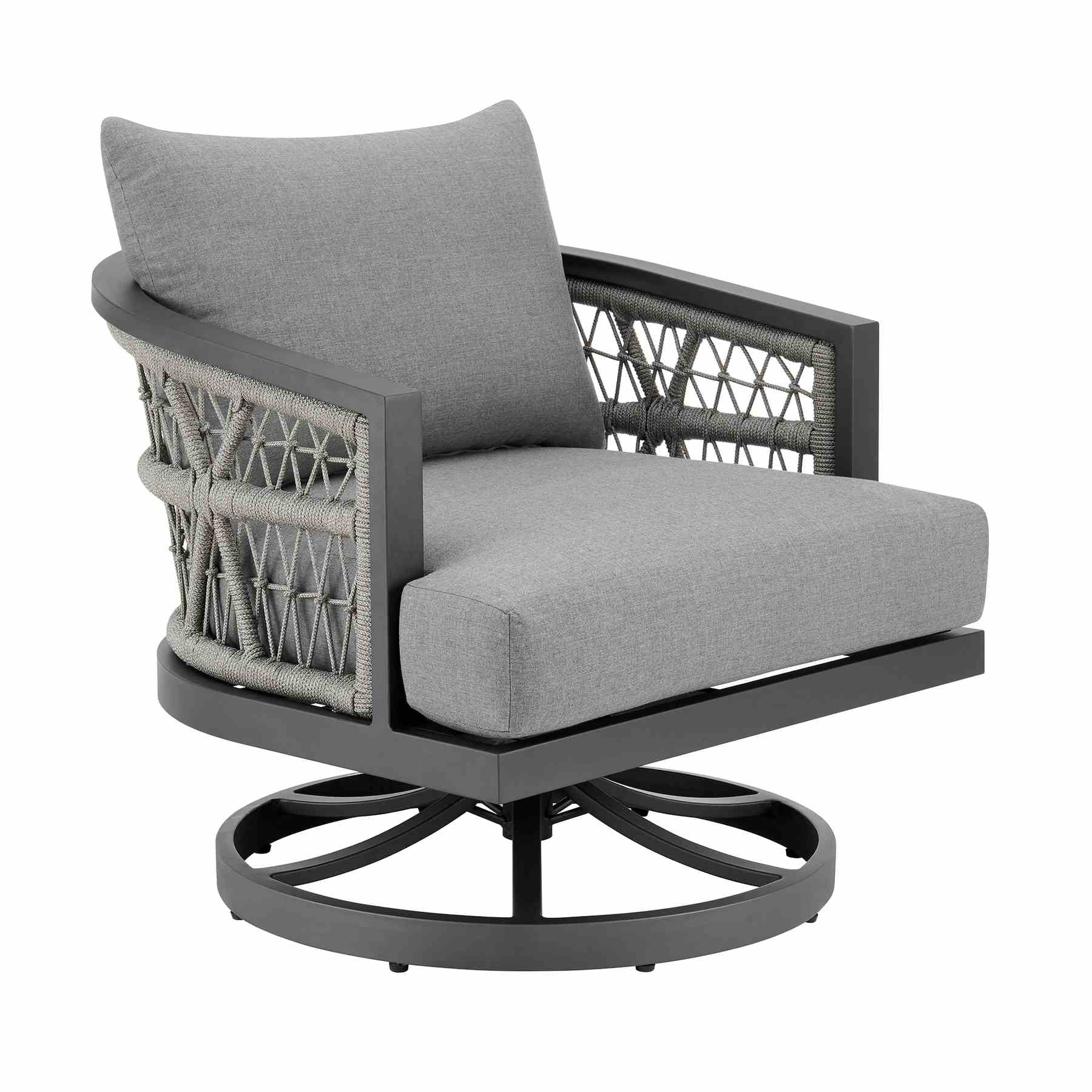 Zella Outdoor Patio 3 Piece Swivel Seating Set in Aluminum with Light Gray Rope and Cushions - Image 2