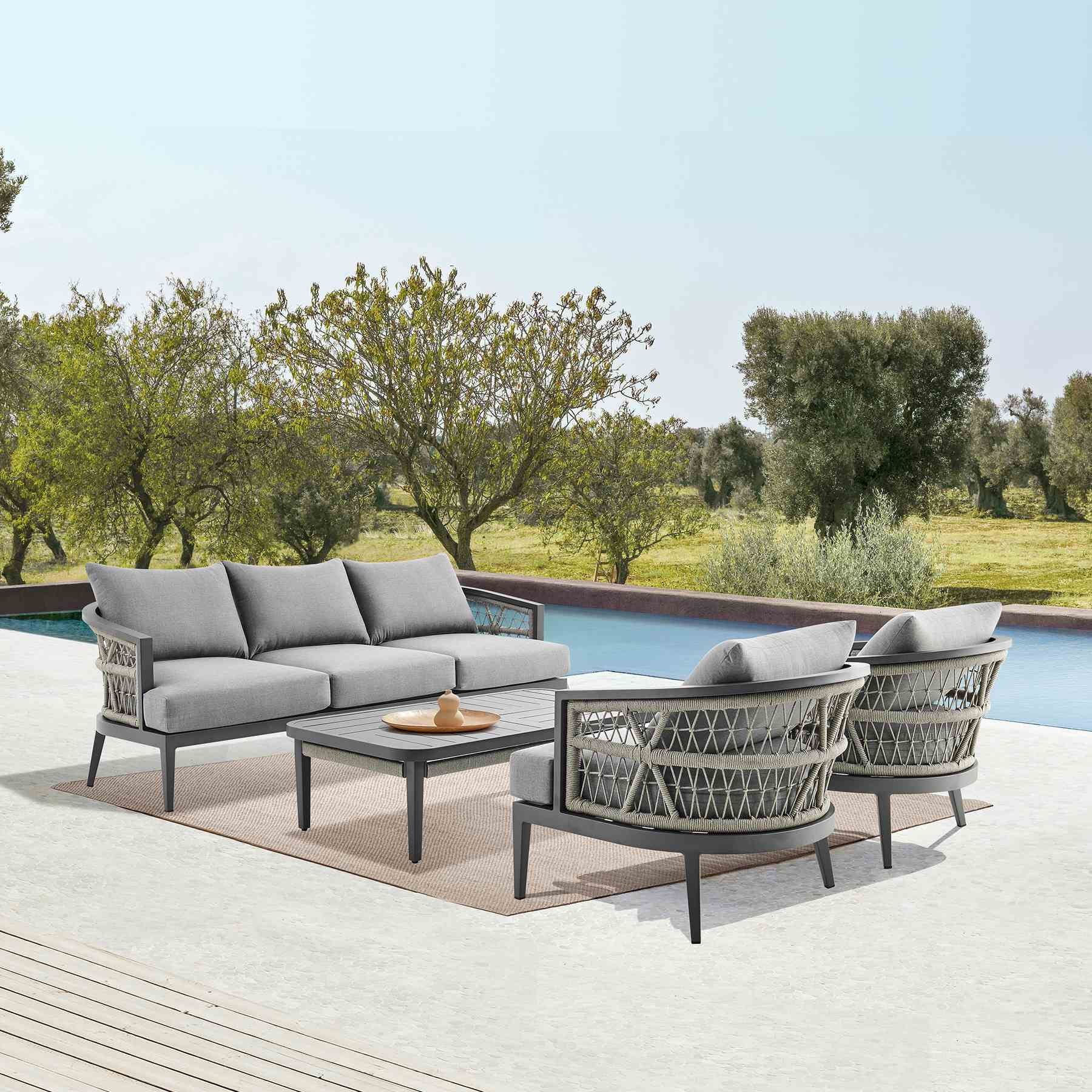 Zella Outdoor Patio 4 Piece Conversation Set in Aluminum with Light Gray Rope and Cushions - Image 12
