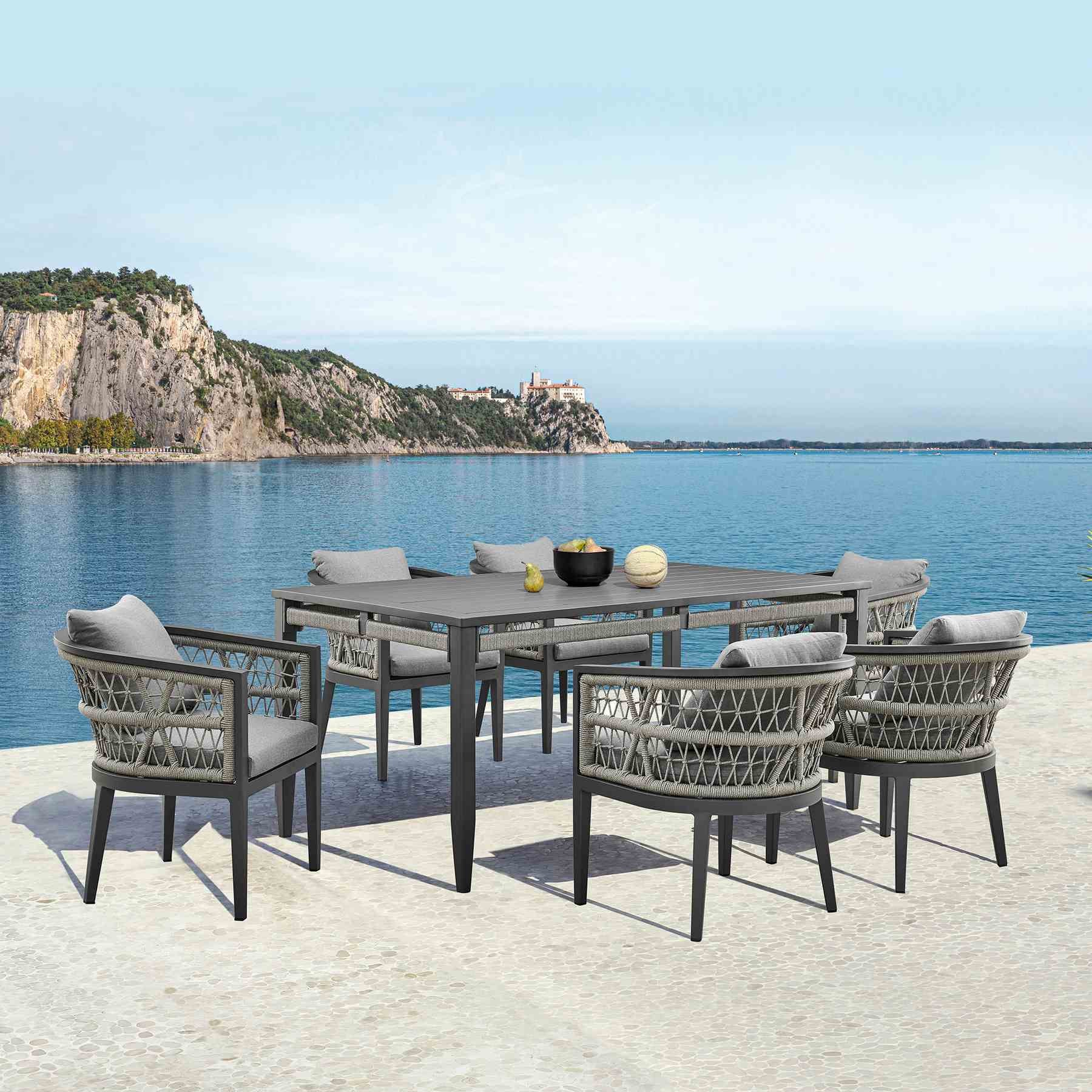 Zella Outdoor Patio 7 Piece Dining Set in Aluminum with Light Gray Rope and Cushions - Image 11