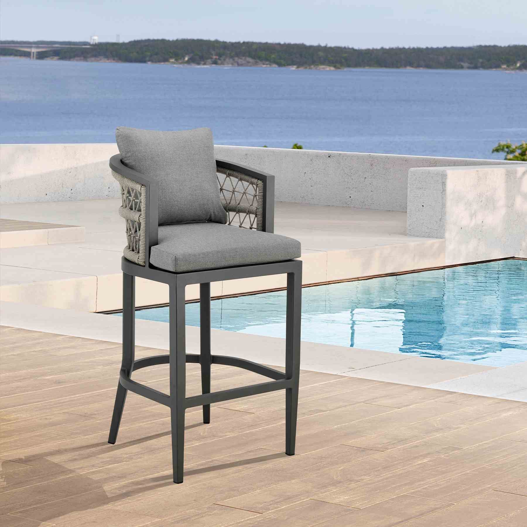 Zella Outdoor Patio Bar Stool in Aluminum with Light Gray Rope and Earl Gray Cushions - Image 10