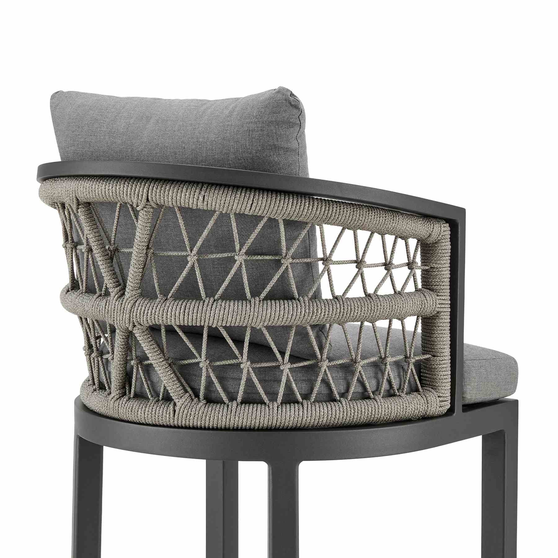 Zella Outdoor Patio Bar Stool in Aluminum with Light Gray Rope and Earl Gray Cushions - Image 5