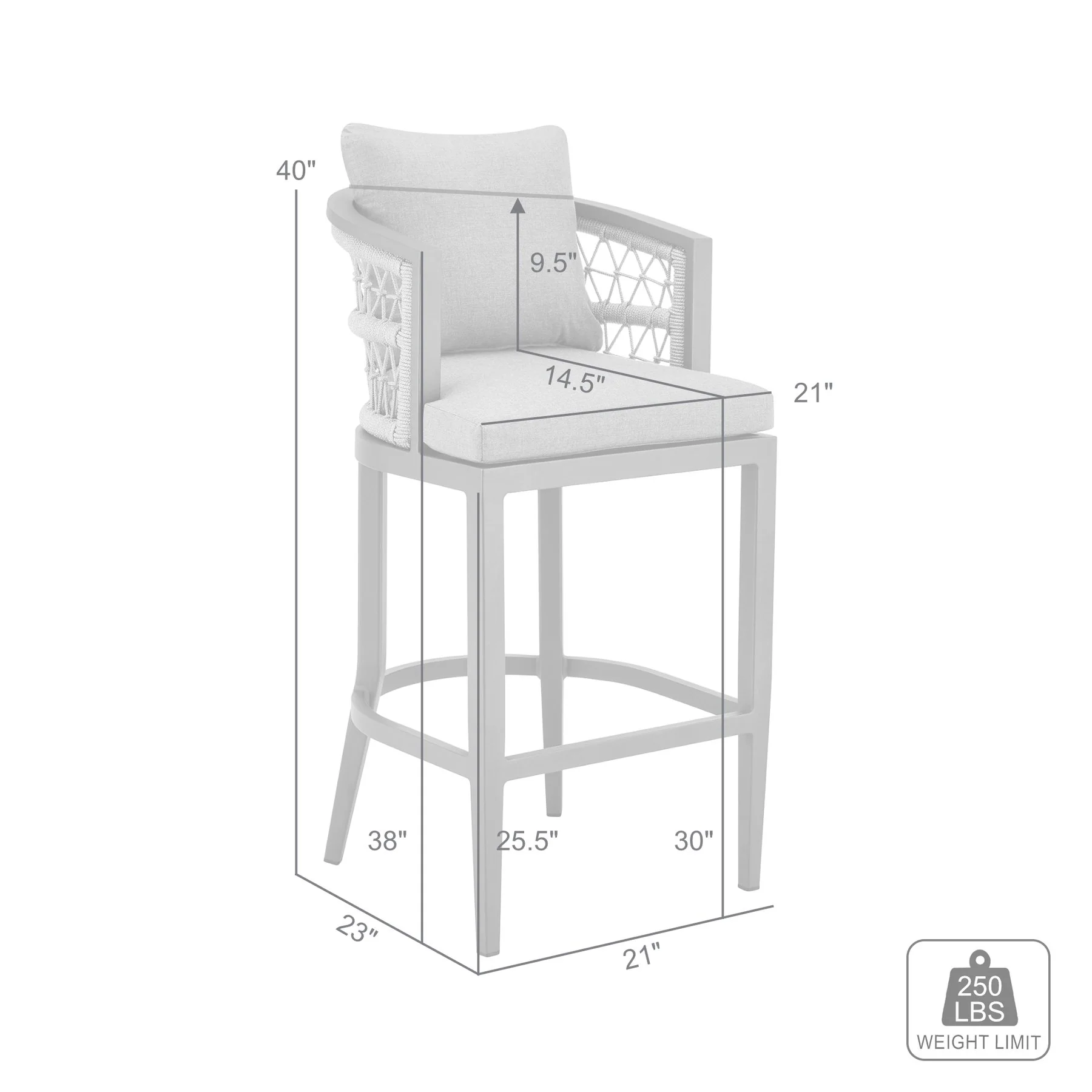 Zella Outdoor Patio Bar Stool in Aluminum with Light Gray Rope and Earl Gray Cushions - Image 9