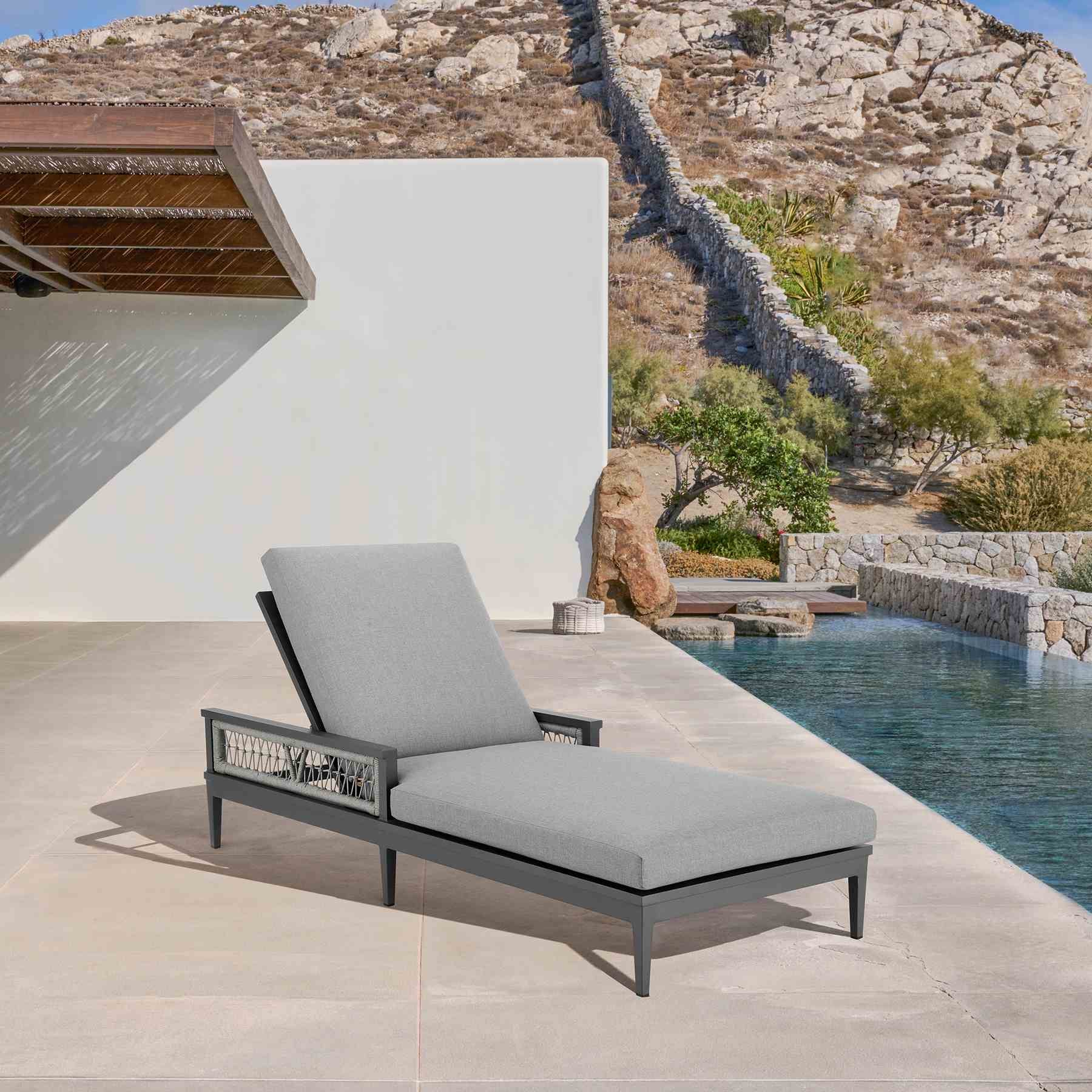 Zella Outdoor Patio Chaise Lounge Chair in Aluminum with Gray Rope and Earl Gray Cushions - Image 10