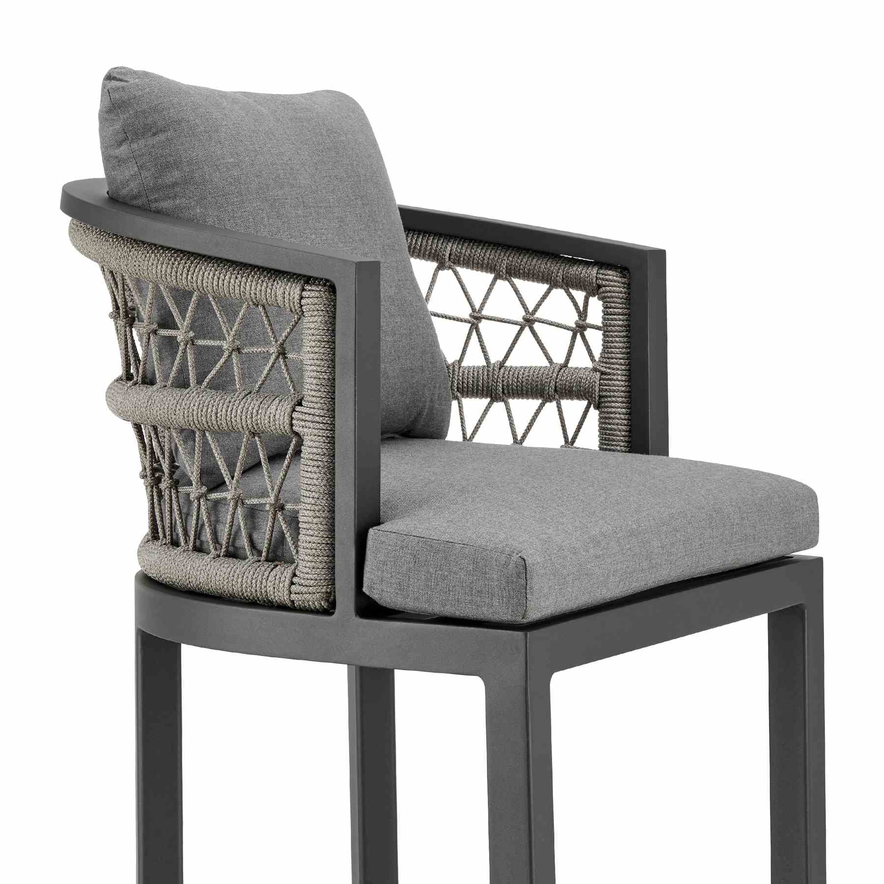 Zella Outdoor Patio Counter Stool in Aluminum with Light Gray Rope and Earl Gray Cushions - Image 4