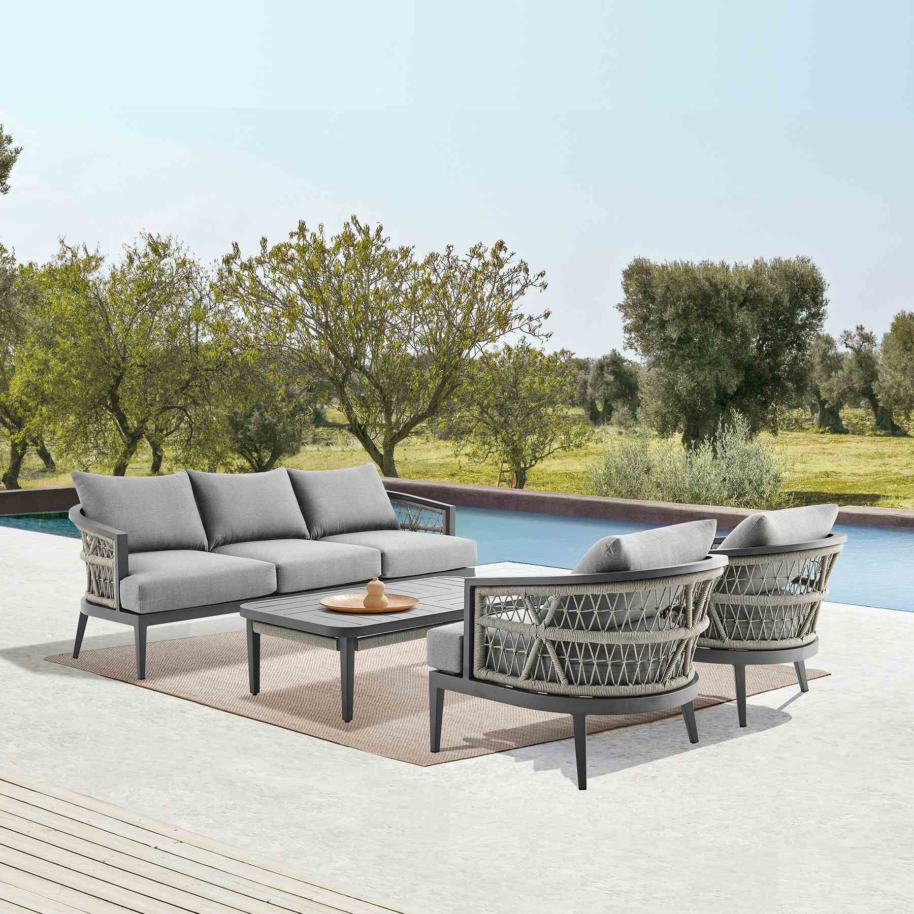 Zella Outdoor Patio Sofa in Aluminum with Light Gray Rope and Earl Gray Cushions - Image 10