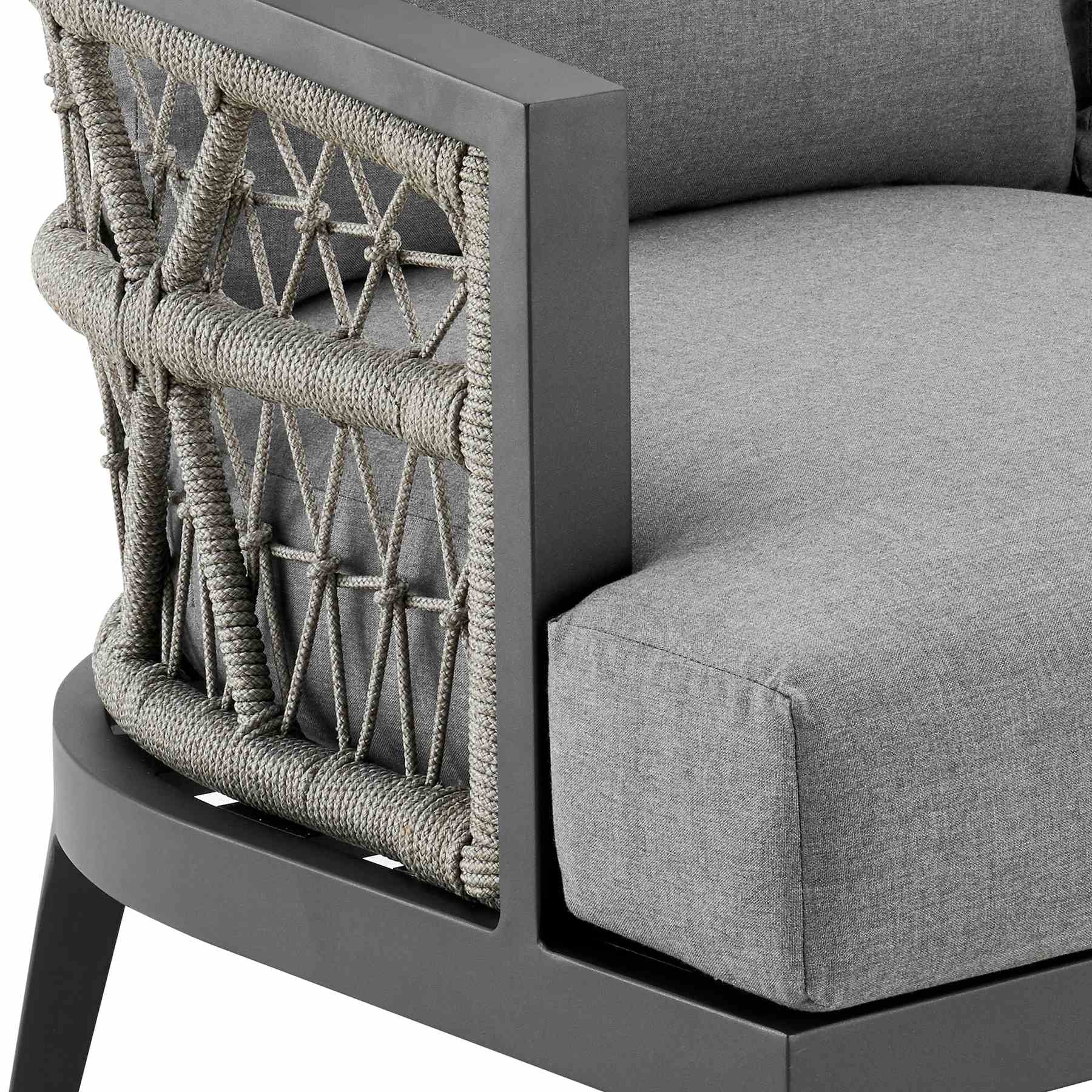 Zella Outdoor Patio Sofa in Aluminum with Light Gray Rope and Earl Gray Cushions - Image 5