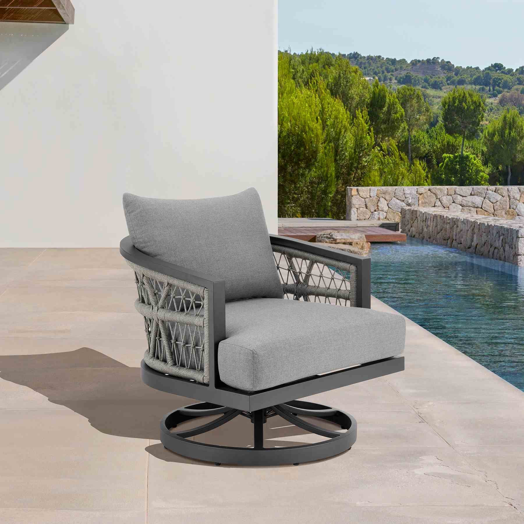 Zella Outdoor Patio Swivel Armchair in Aluminum with Light Gray Rope and Earl Gray Cushions - Image 10