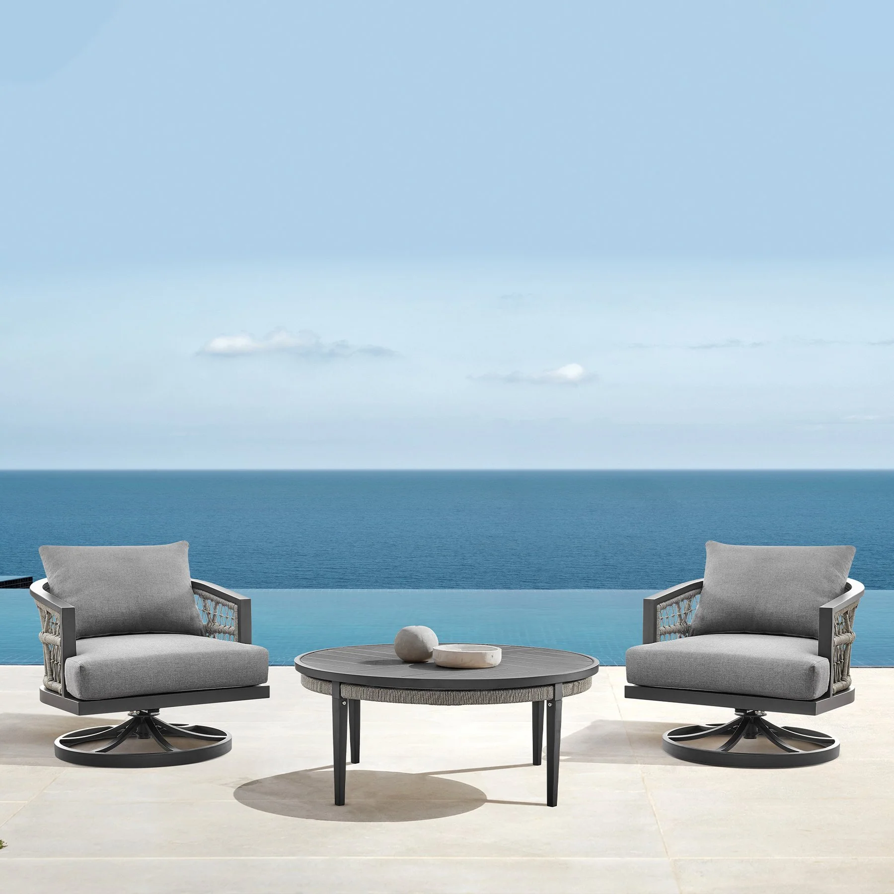 Zella Outdoor Patio Swivel Armchair in Aluminum with Light Gray Rope and Earl Gray Cushions - Image 11