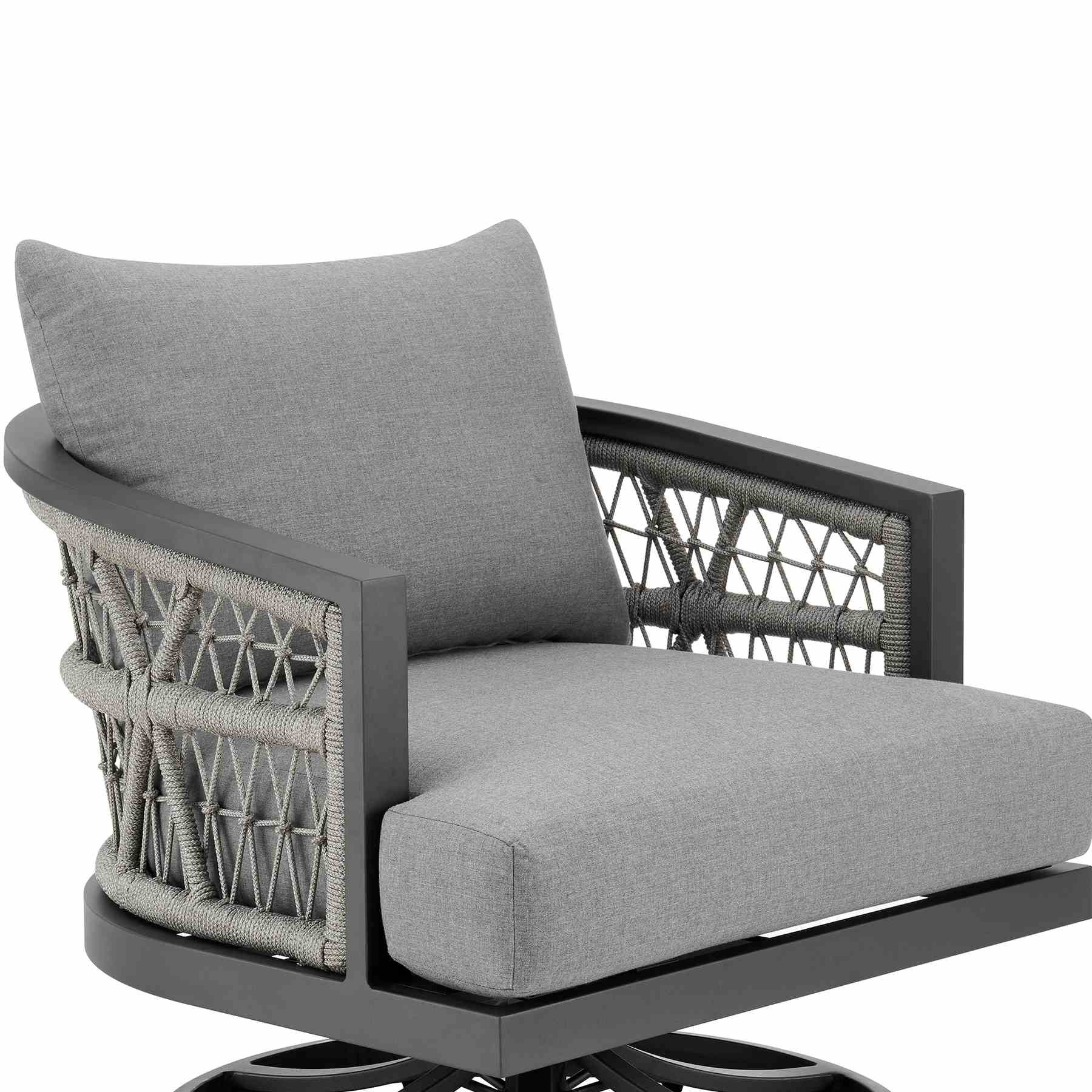 Zella Outdoor Patio Swivel Armchair in Aluminum with Light Gray Rope and Earl Gray Cushions - Image 4