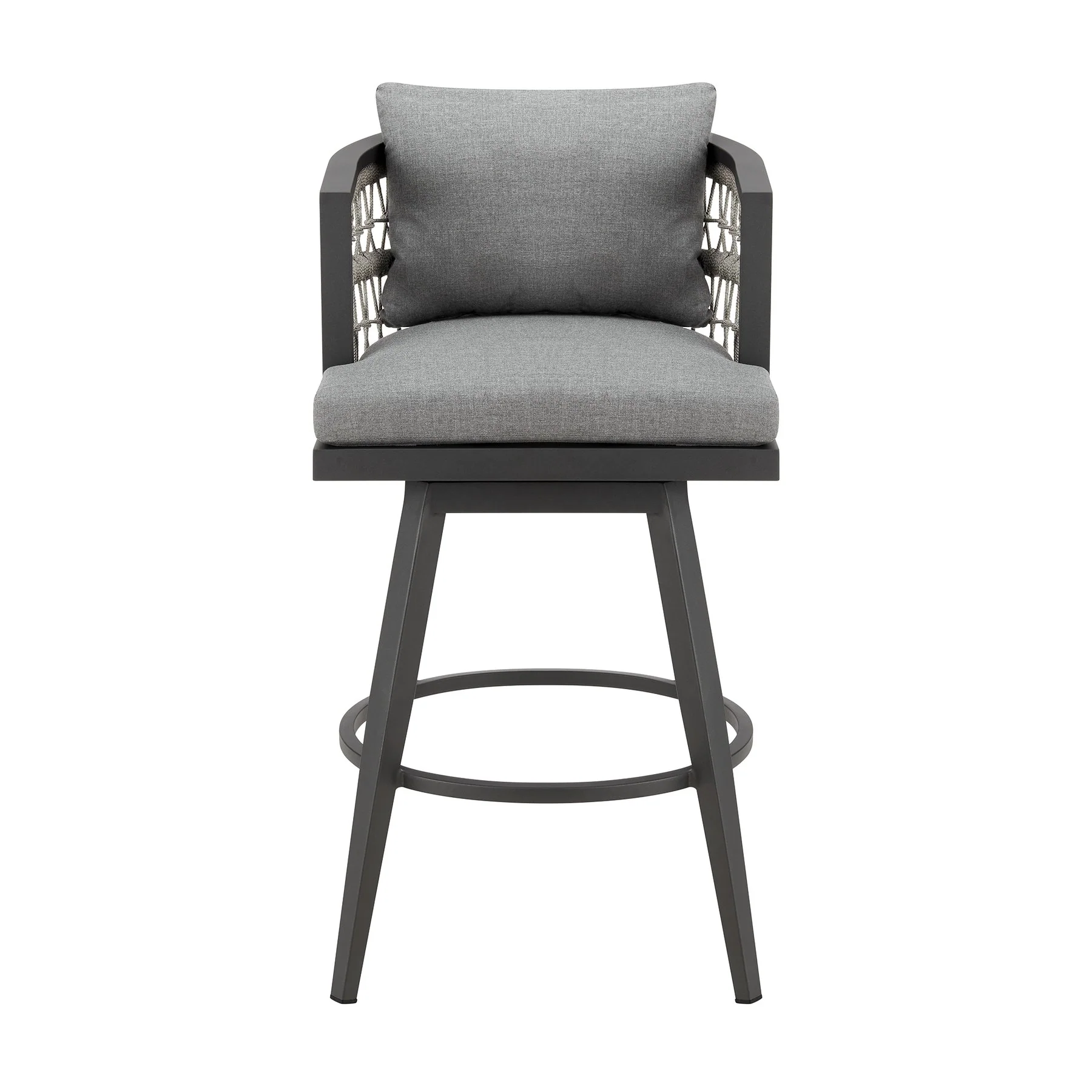 Zella Outdoor Patio Swivel Bar Stool in Aluminum with Light Gray Rope and Earl Gray Cushions - Image 2