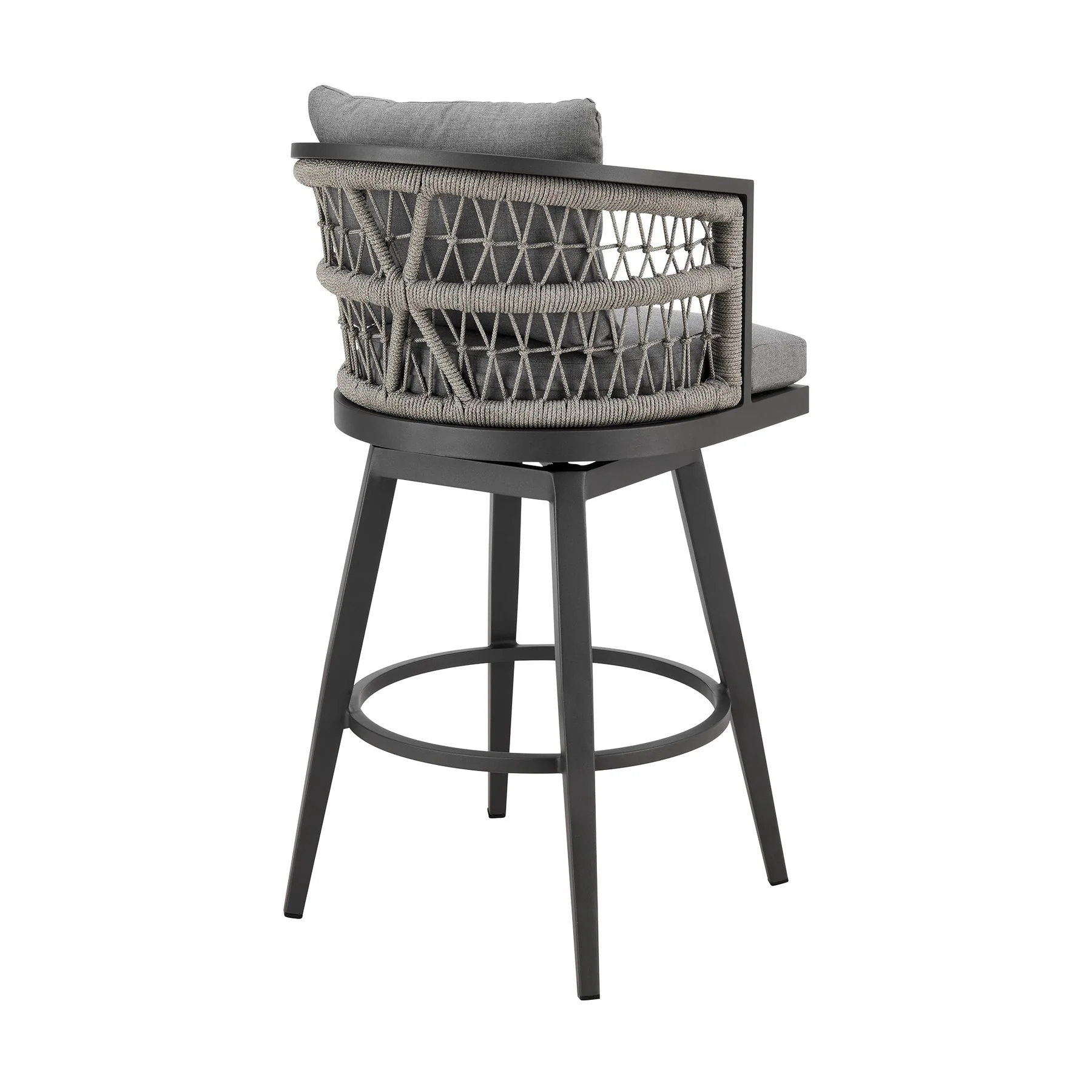 Zella Outdoor Patio Swivel Bar Stool in Aluminum with Light Gray Rope and Earl Gray Cushions - Image 3