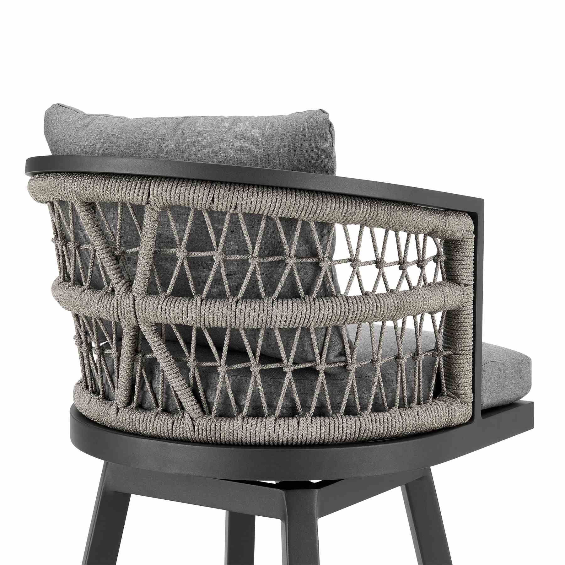 Zella Outdoor Patio Swivel Bar Stool in Aluminum with Light Gray Rope and Earl Gray Cushions - Image 5