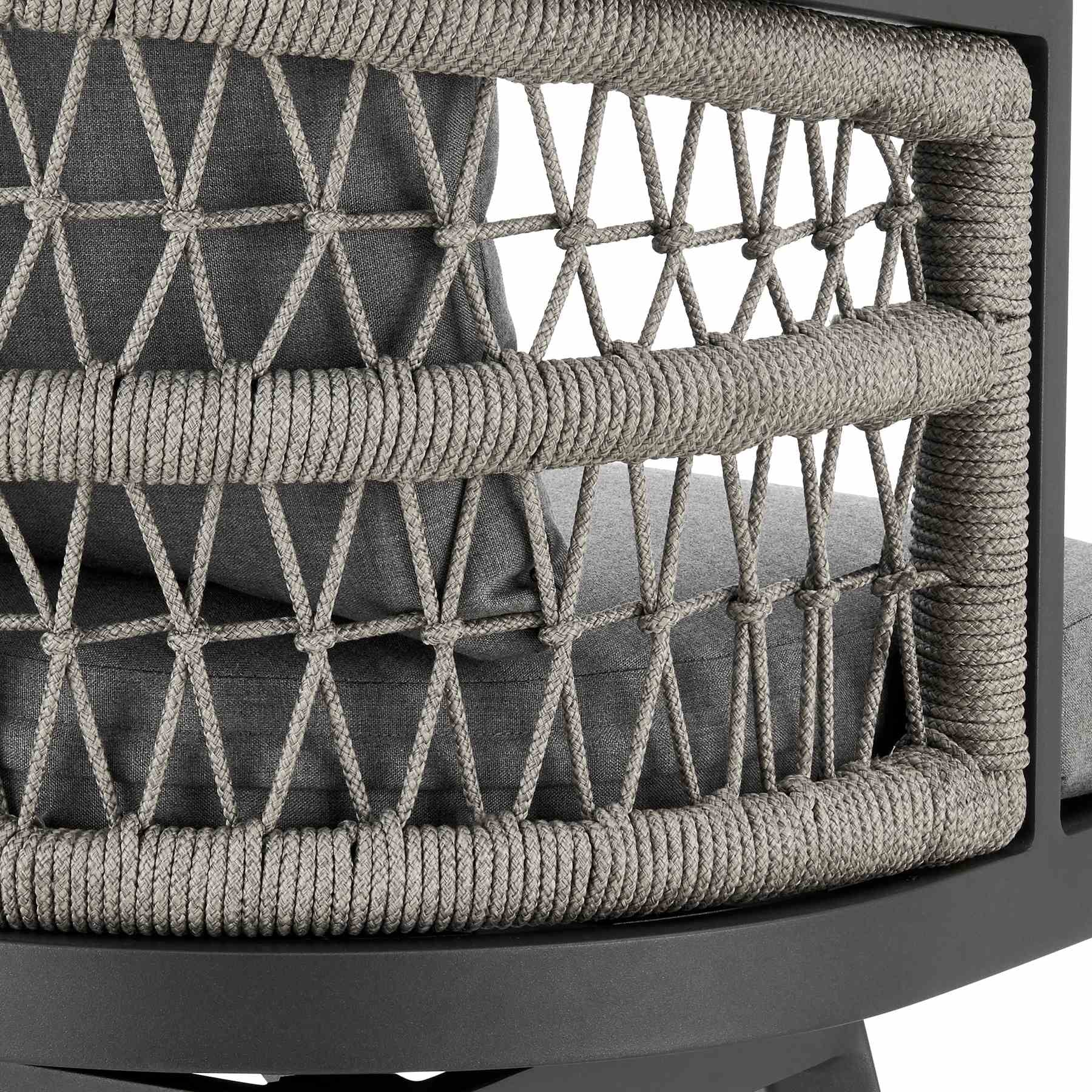 Zella Outdoor Patio Swivel Bar Stool in Aluminum with Light Gray Rope and Earl Gray Cushions - Image 7