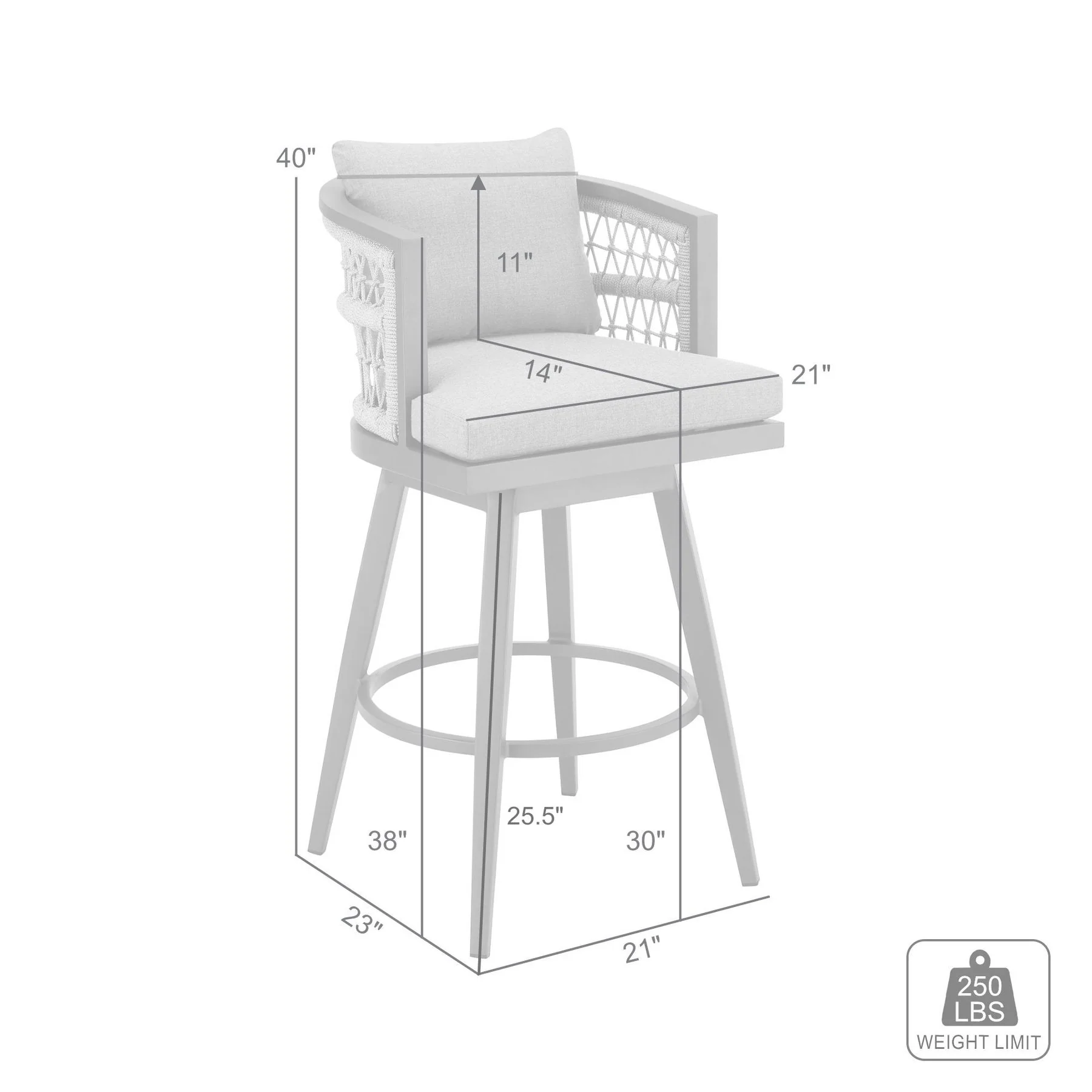 Zella Outdoor Patio Swivel Bar Stool in Aluminum with Light Gray Rope and Earl Gray Cushions - Image 9