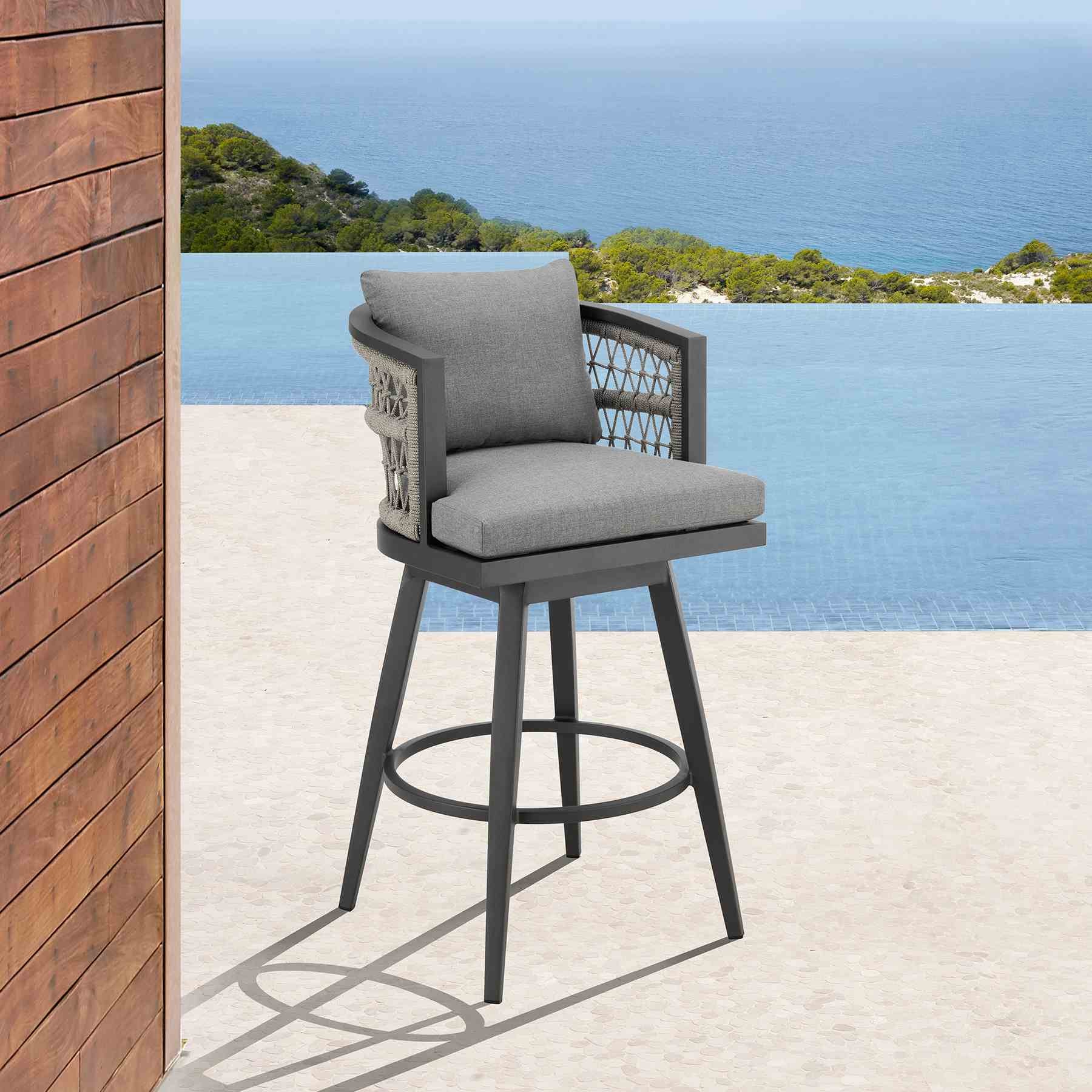 Zella Outdoor Patio Swivel Counter Stool in Aluminum with Light Gray Rope and Earl Gray Cushions - Image 10