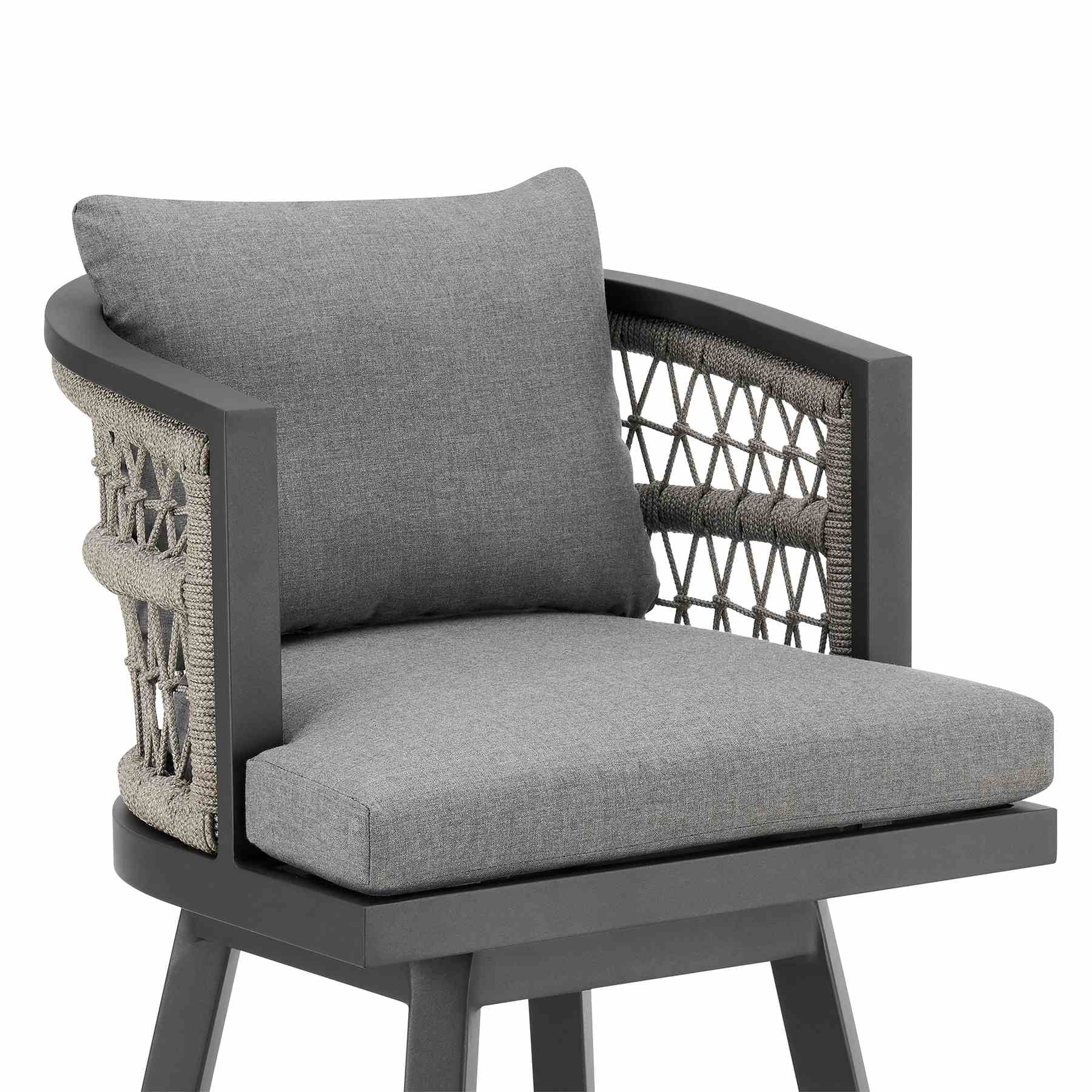 Zella Outdoor Patio Swivel Counter Stool in Aluminum with Light Gray Rope and Earl Gray Cushions - Image 4