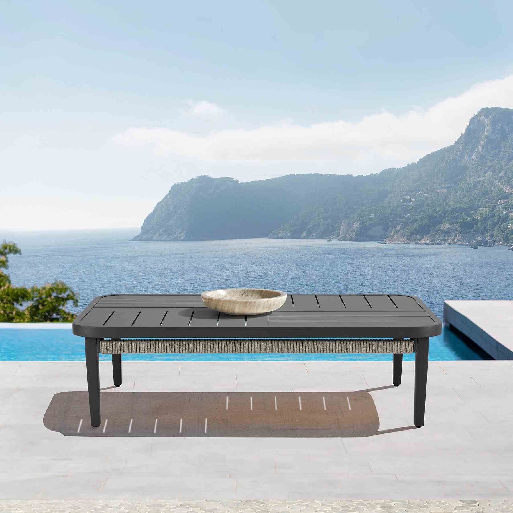 Zella Rectangular Coffee Table in Aluminum with Charcoal Finish and Light Gray Rope - Image 8