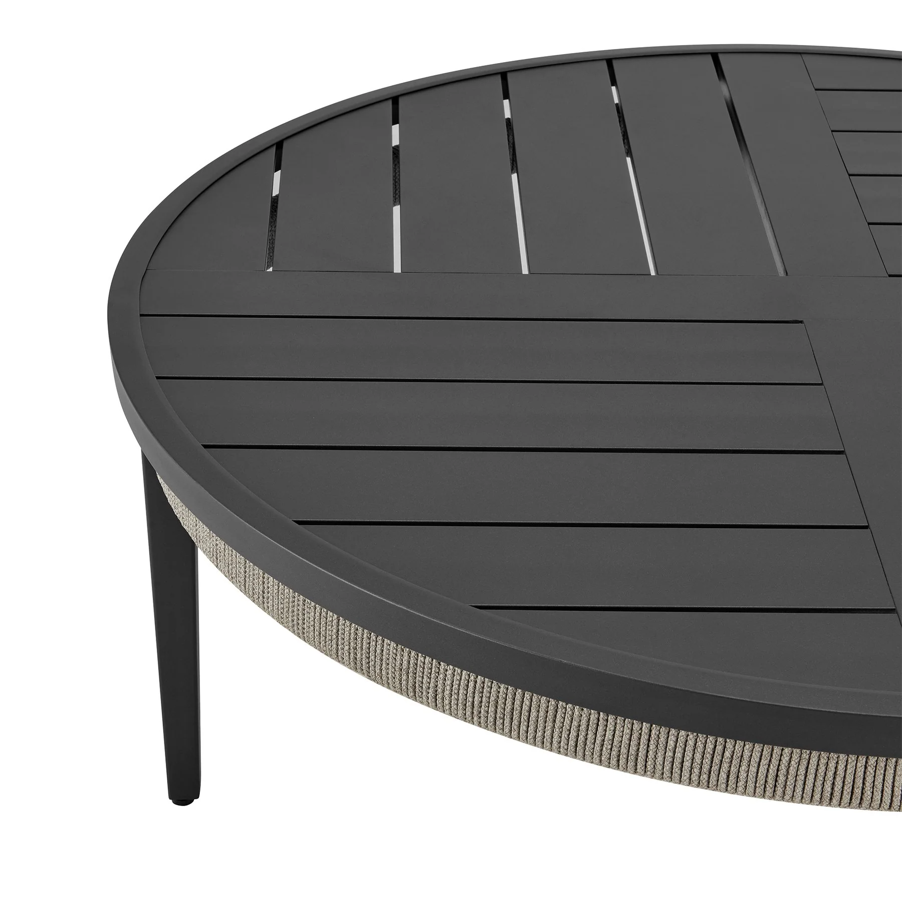Zella Round Coffee Table in Aluminum with Charcoal Finish and Light Gray Rope - Image 4