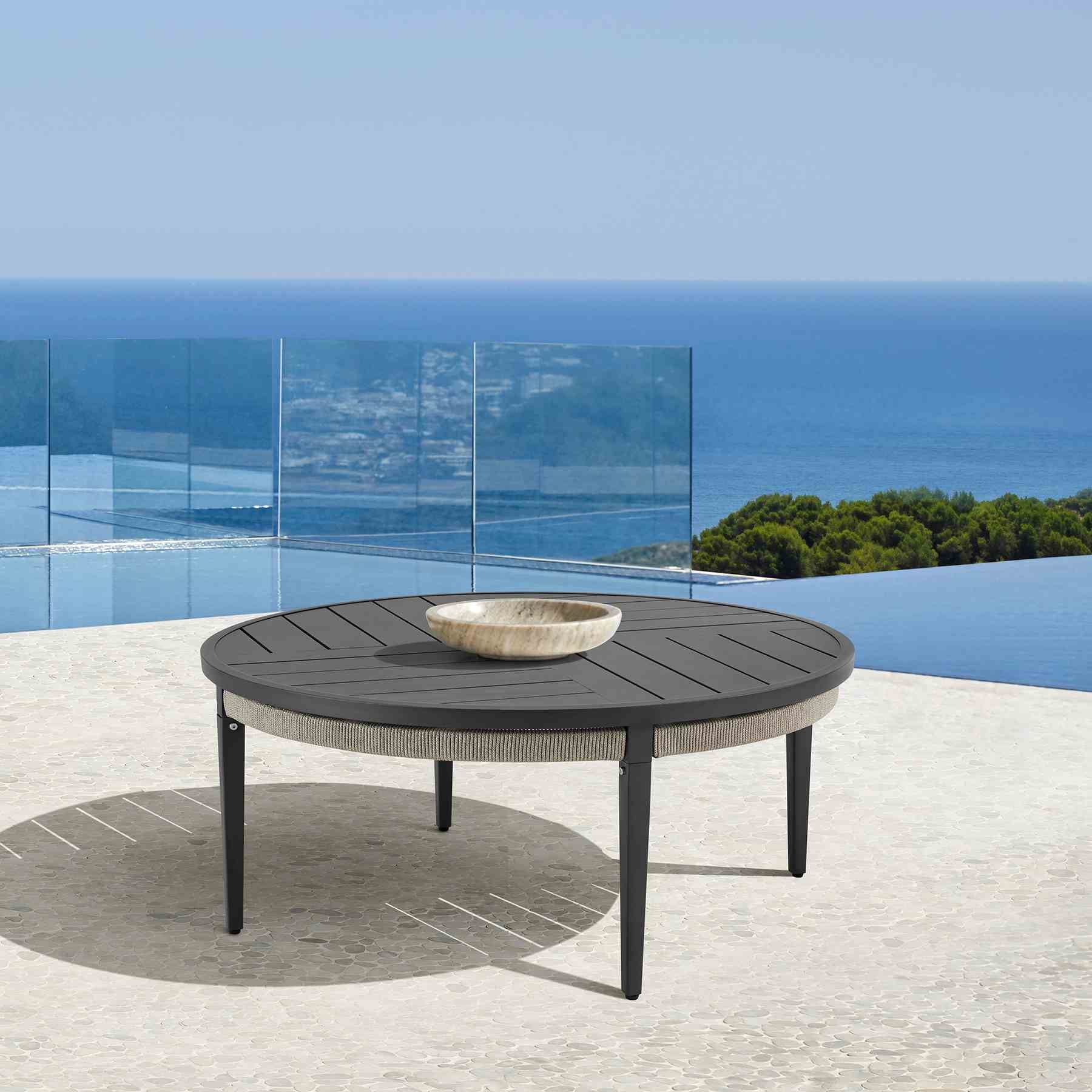 Zella Round Coffee Table in Aluminum with Charcoal Finish and Light Gray Rope - Image 7