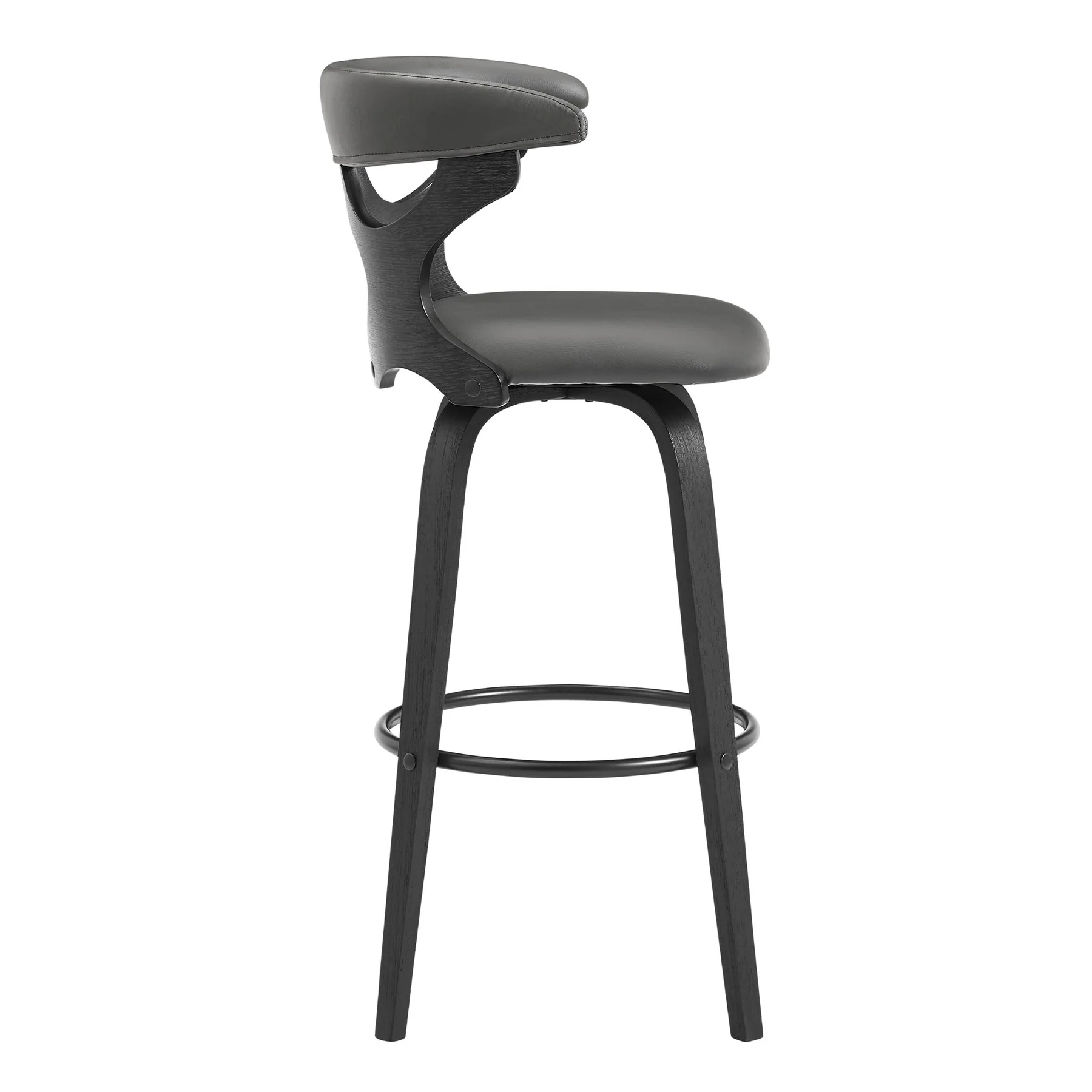 Zenia 26" Swivel Counter Stool in Gray Faux Leather and Black Wood - Image 3