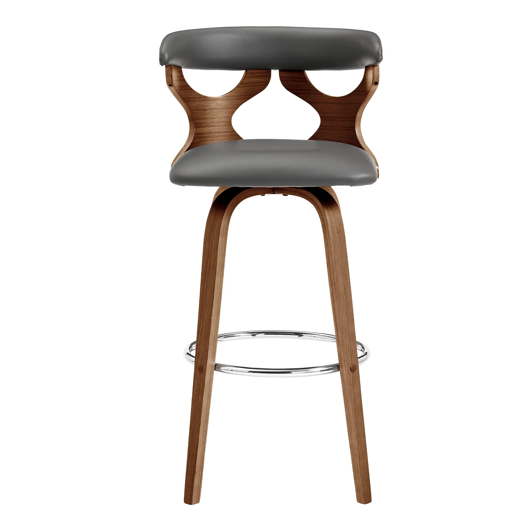 Zenia 26" Swivel Counter Stool in Gray Faux Leather and Walnut Wood - Image 2