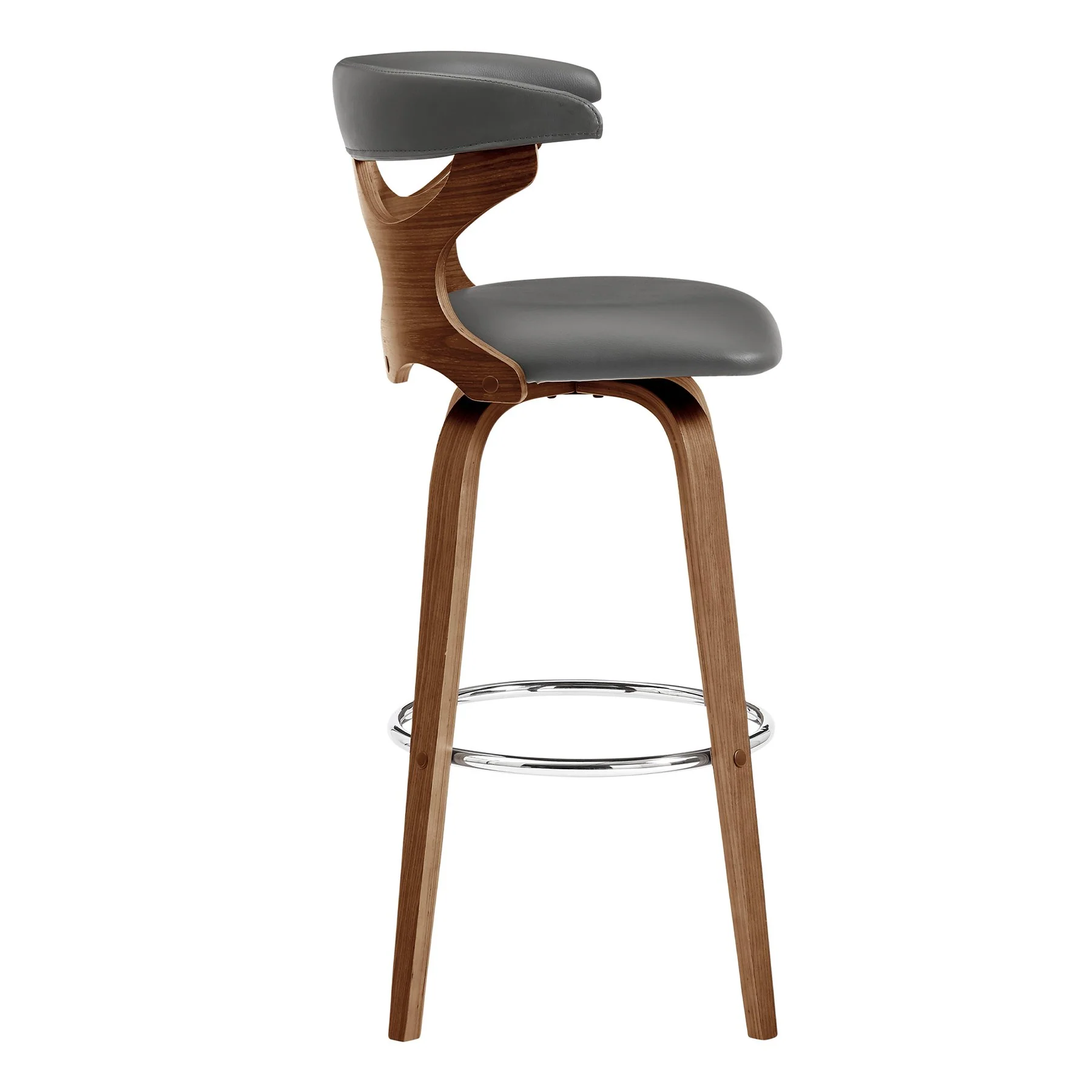 Zenia 26" Swivel Counter Stool in Gray Faux Leather and Walnut Wood - Image 3