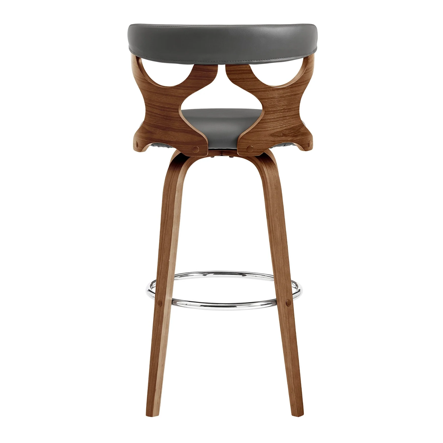 Zenia 26" Swivel Counter Stool in Gray Faux Leather and Walnut Wood - Image 5