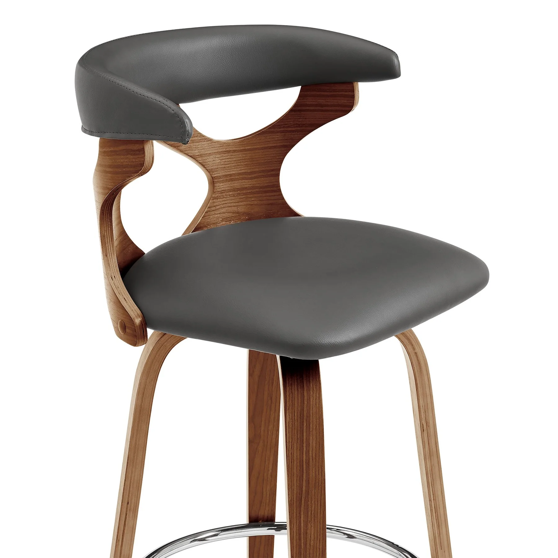 Zenia 26" Swivel Counter Stool in Gray Faux Leather and Walnut Wood - Image 6