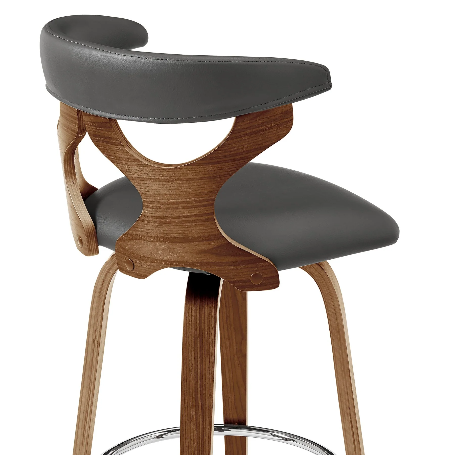 Zenia 26" Swivel Counter Stool in Gray Faux Leather and Walnut Wood - Image 7