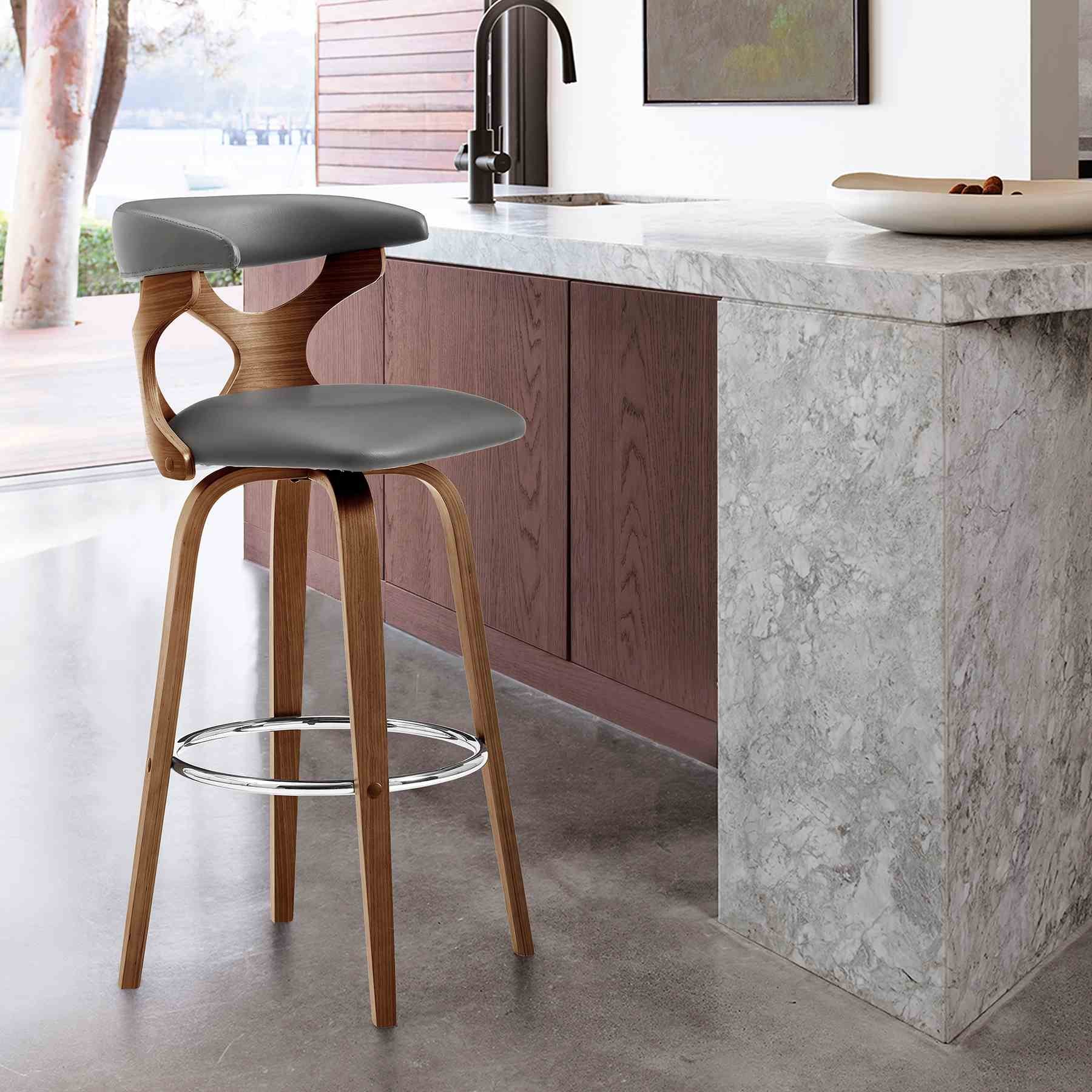 Zenia 26" Swivel Counter Stool in Gray Faux Leather and Walnut Wood - Image 9