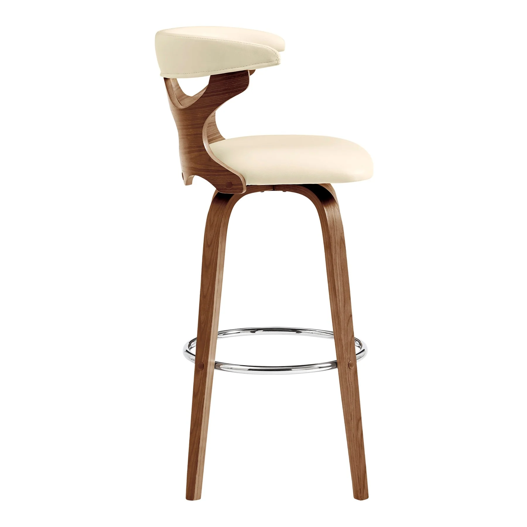 Zenia 30" Swivel Bar Stool in Cream Faux Leather and Walnut Wood - Image 3