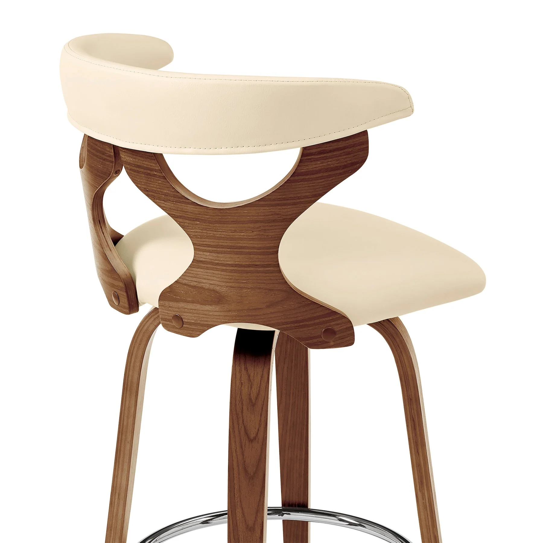 Zenia 30" Swivel Bar Stool in Cream Faux Leather and Walnut Wood - Image 7