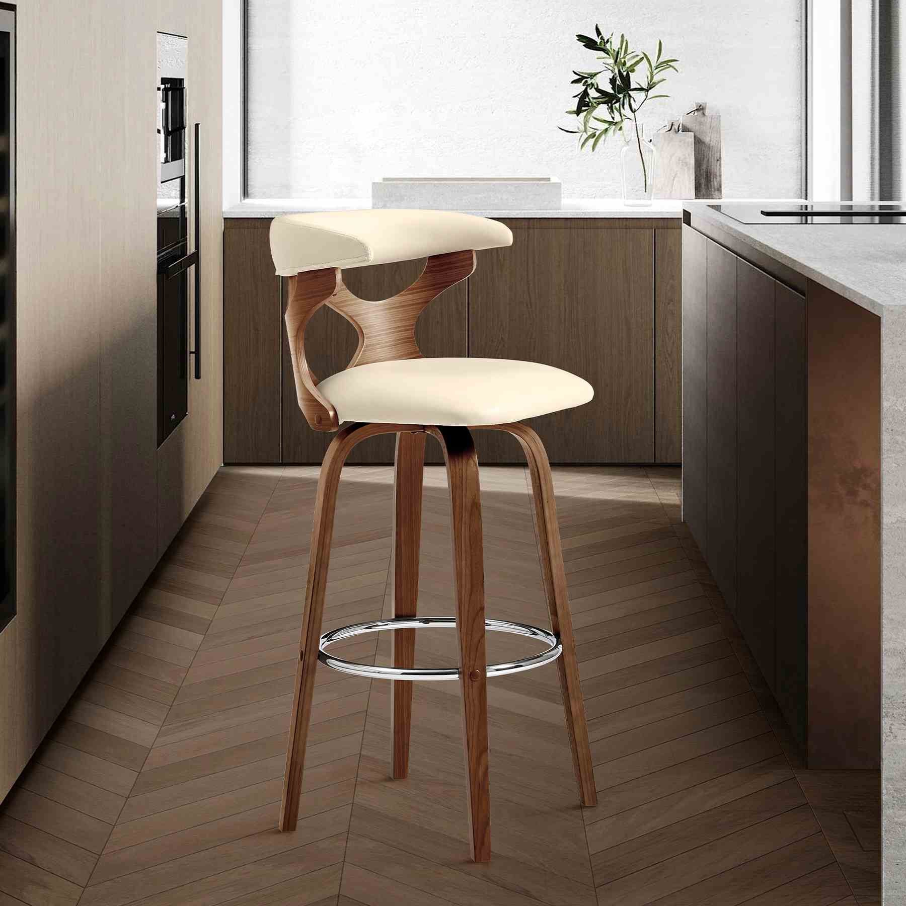 Zenia 30" Swivel Bar Stool in Cream Faux Leather and Walnut Wood - Image 9