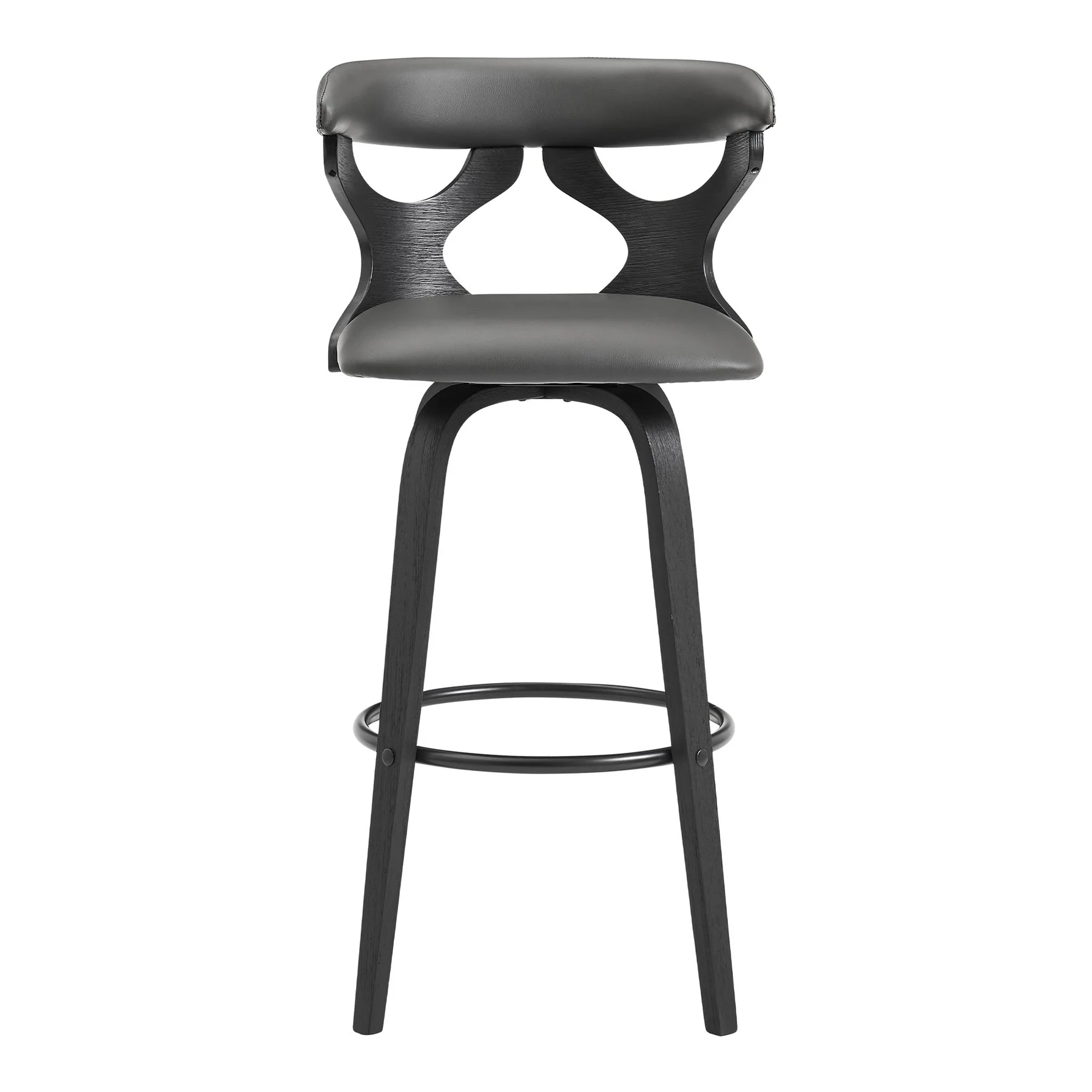 Zenia 30" Swivel Bar Stool in Gray Faux Leather and Black Wood - Image 2