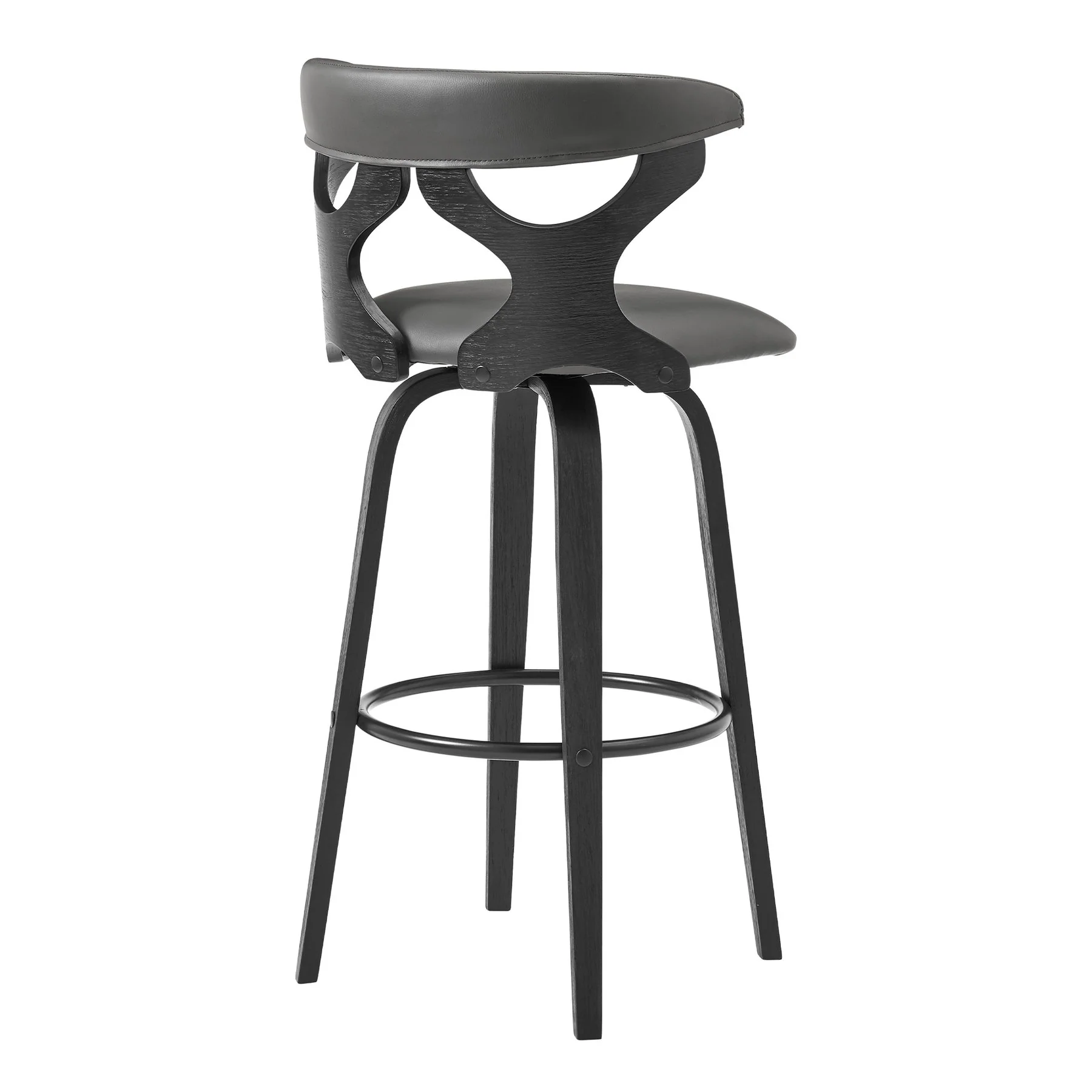Zenia 30" Swivel Bar Stool in Gray Faux Leather and Black Wood - Image 4