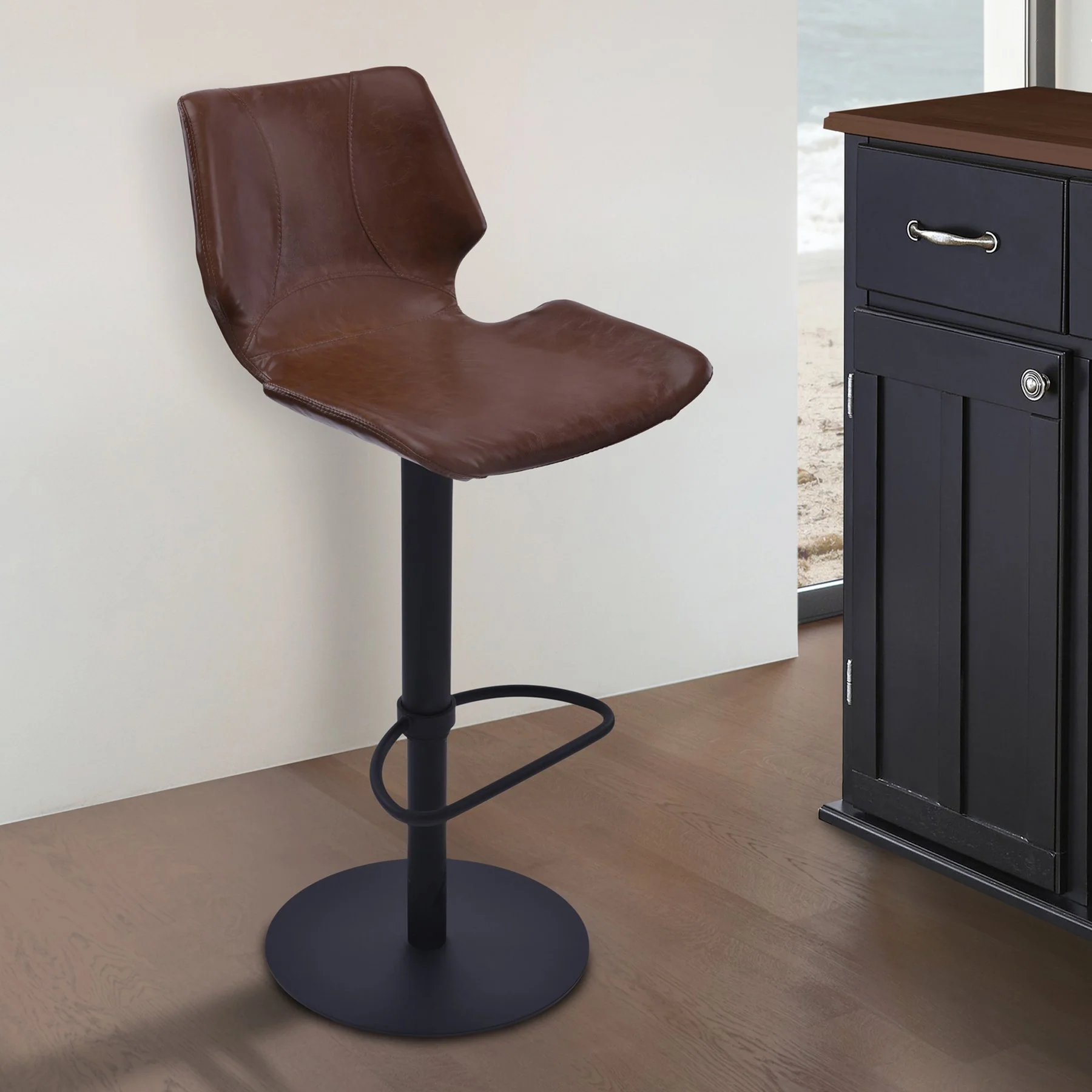 Zuma Adjustable Swivel Metal Barstool in Vintage Coffee Faux Leather and Black Metal Finish - Image 5