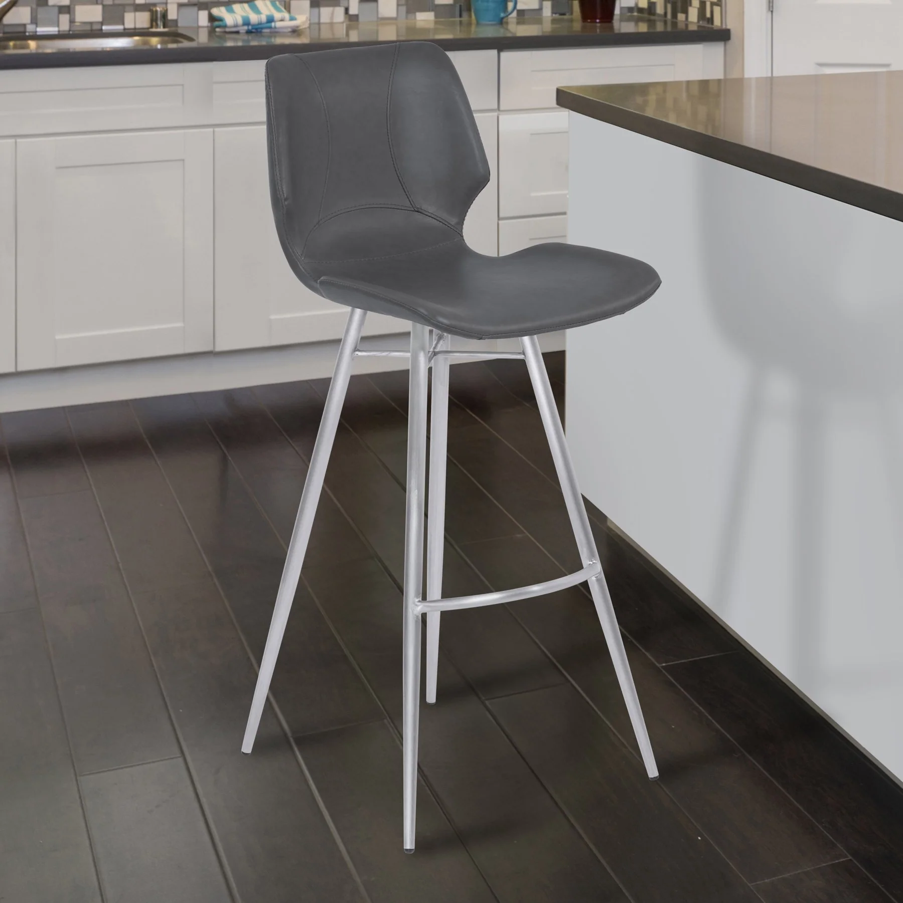 Zurich 30" Bar Height Metal Barstool in Vintage Gray Faux Leather with Brushed Stainless Steel Finish - Image 7